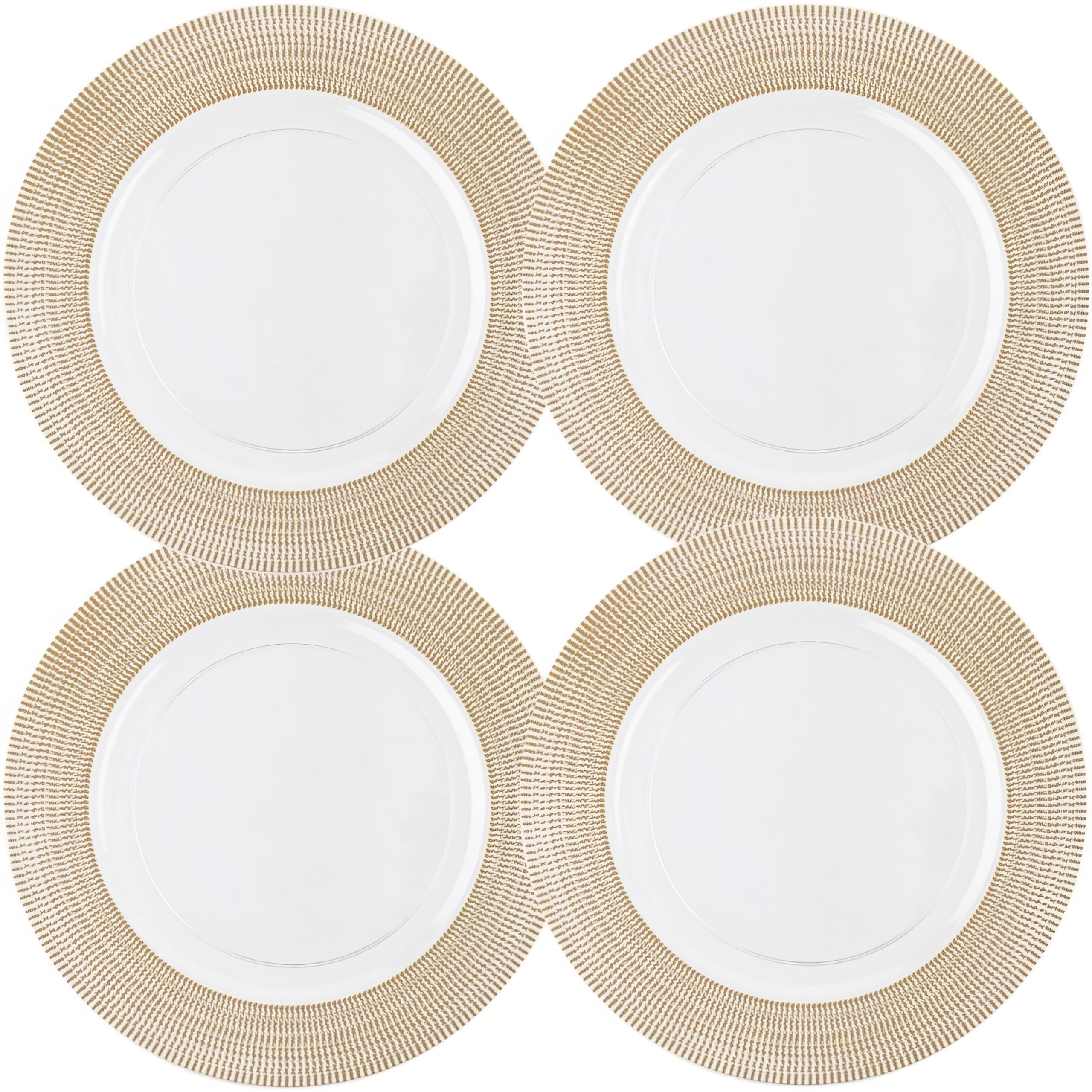 Elegant Round White Plastic Charger Plates with Gold Textured Rim - 13 Inch (Pack of 4) - Premium Disposable Salad Plates for Birthday Party, Wedding, Baby Shower, Themed Events & Everyday Home Use - Durable & Stylish Tableware for Restaurants, Catering & Family Gatherings