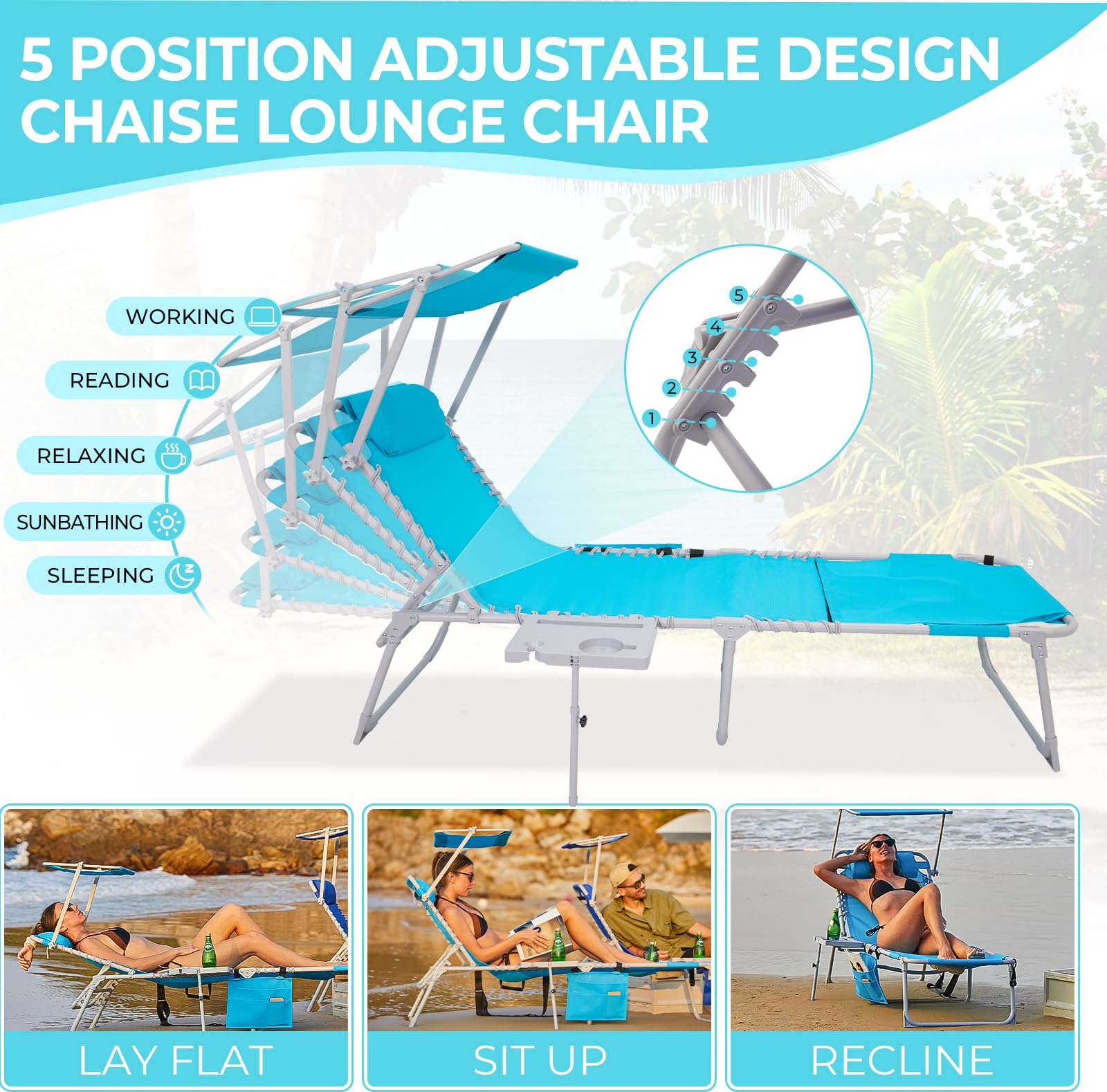 WEJOY Folding Tanning Chair with Face Hole - Adjustable Backrest, Canopy Shade, Side Table & Storage Pocket - Portable Chaise Lounge for Beach, Pool, Patio, Camping & Backyard Sunbathing | Perfect for Relaxing, Reading & Outdoor Lounging