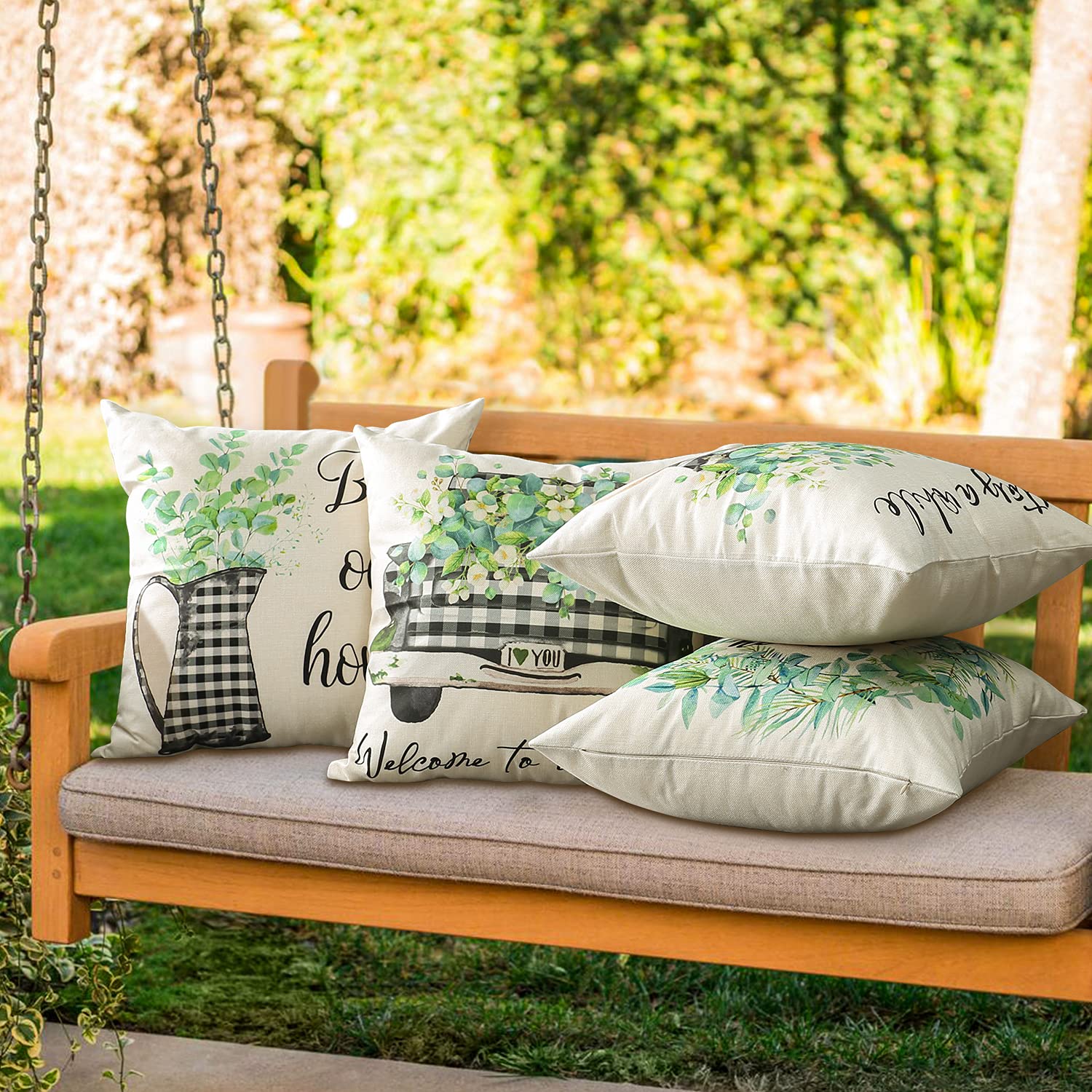 OTOSTAR Waterproof Outdoor Throw Pillow Covers - Pack of 4 (18x18 Inch) - Decorative Leaf Pattern Cushion Cases for Patio, Garden, Couch & Home Decor - Perfect for Spring, Summer & Holiday Seasons - Eucalyptus Design