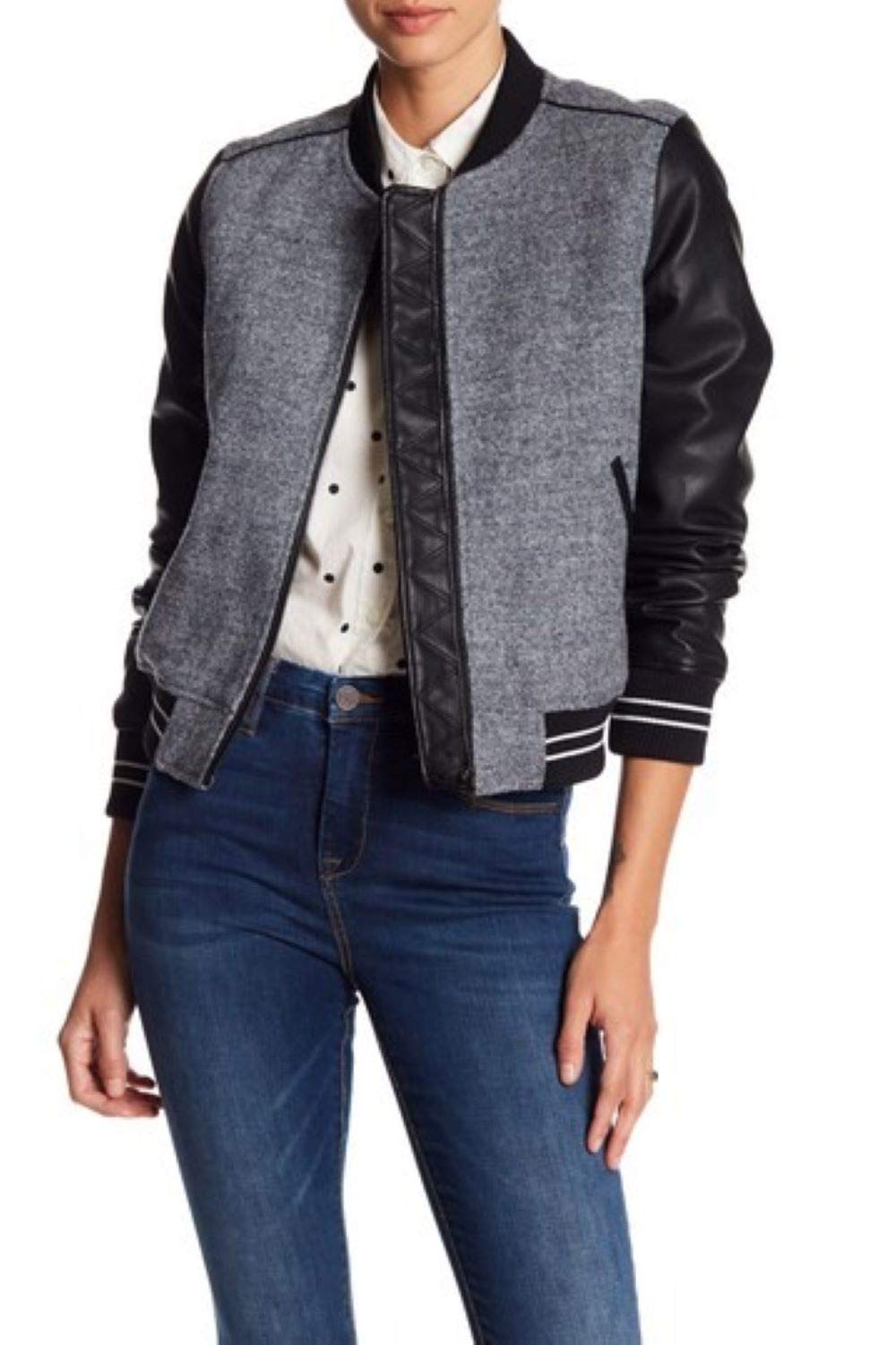 Women's Varsity Jacket - Grey Wool with Black Leather Sleeves, Baseball Letterman Bomber Jacket for School & Casual Wear | Perfect for College, Sports Events & Everyday Fashion