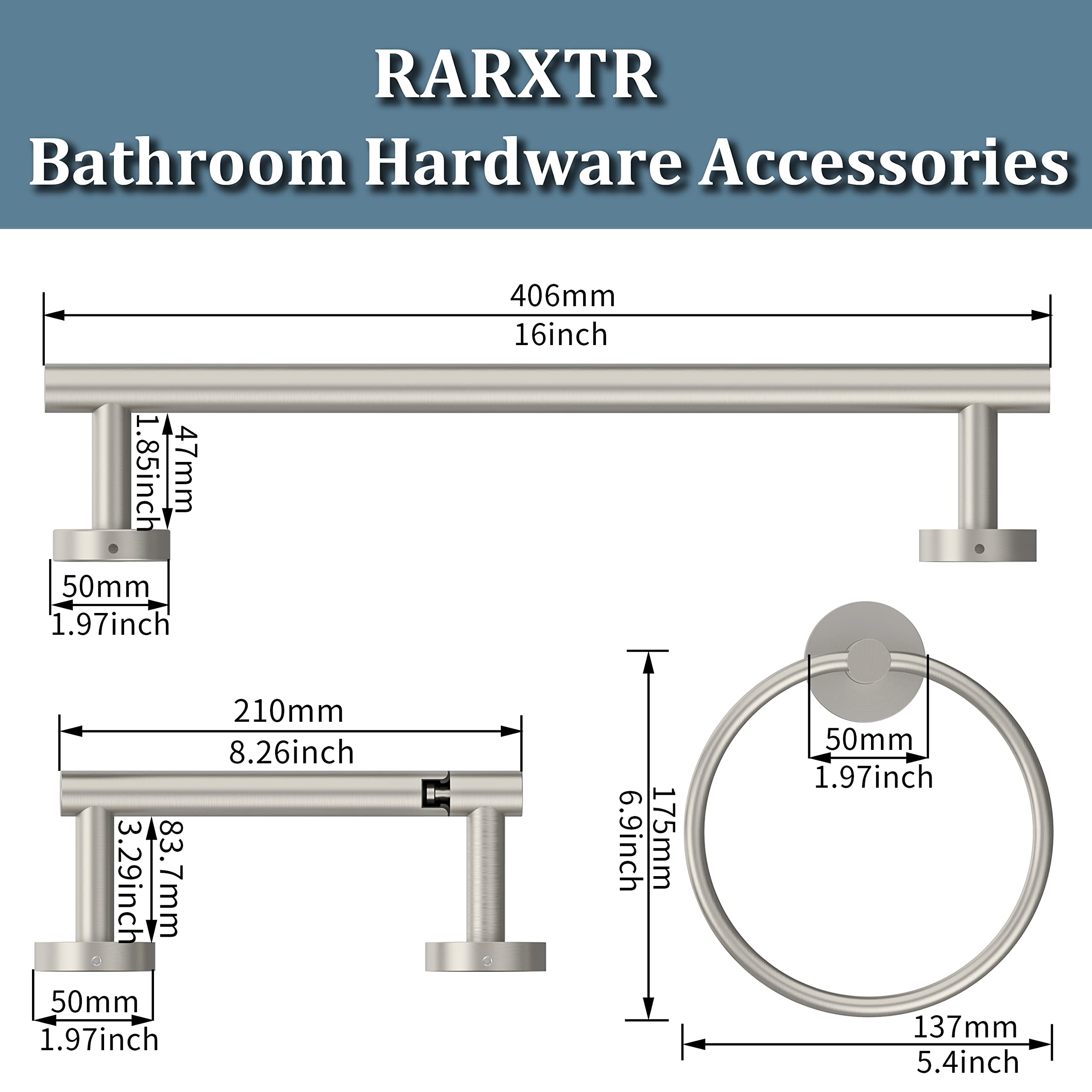 3pc Brushed SUS304 Stainless Steel Bathroom Set - Toilet Paper Holder, Towel Ring & Bar for Modern Bathrooms