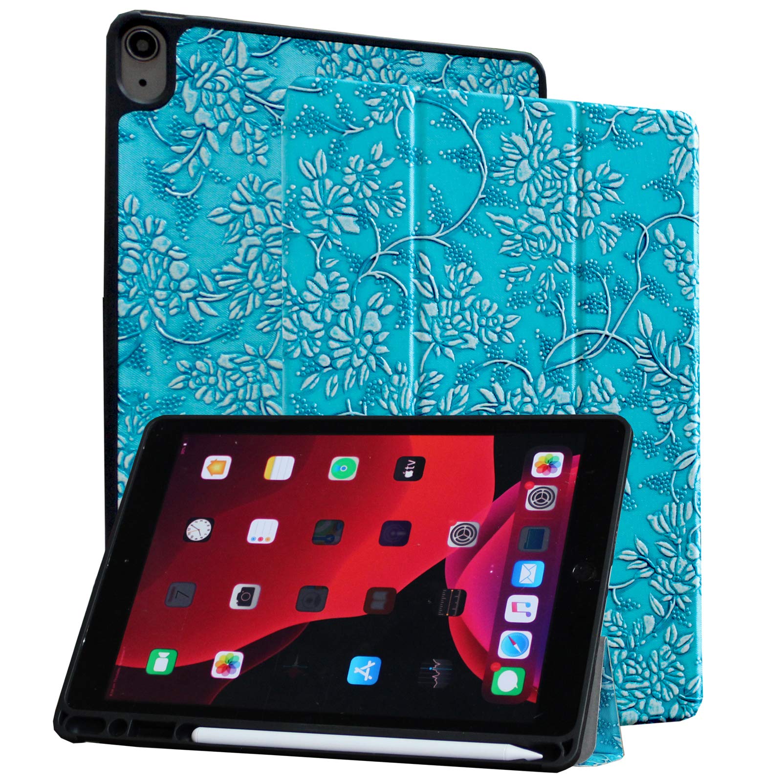 Shockproof Trifold Stand Case for iPad Air 5th Gen (2022) & 4th Gen (2020) - 10.9 Inch Protective Cover with Embossed Flower Design | Perfect for Work, Study & Travel | Compatible with Models A2588 A2589 A2591 A2316 A2324 A2072