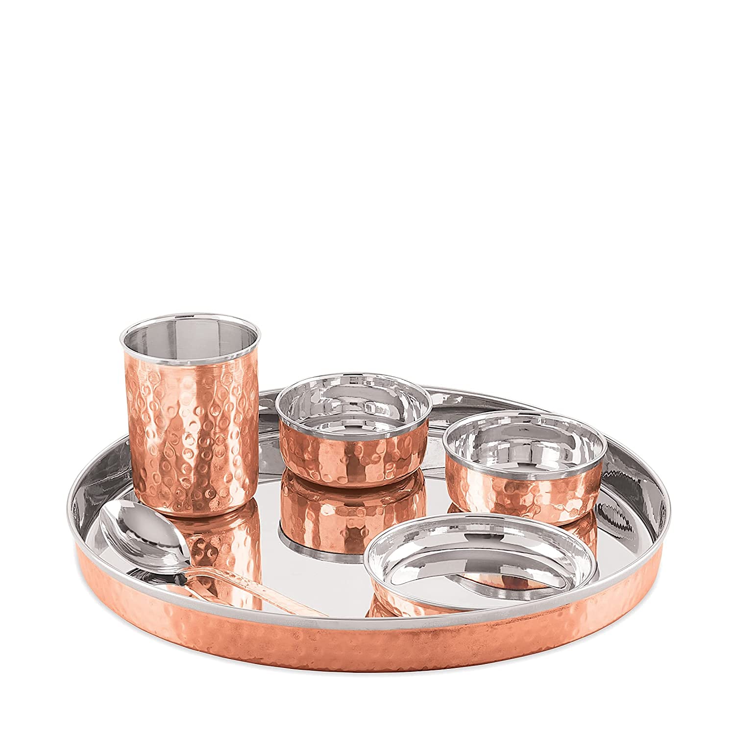 Handcrafted 6-Piece Hammered Copper & Steel Thali Set - 2 Bowls, 1 Thali Plate, 1 Glass, 1 Spoon & 1 Dessert Plate | Perfect for Indian Dining, Wedding Gifts & Home Decor