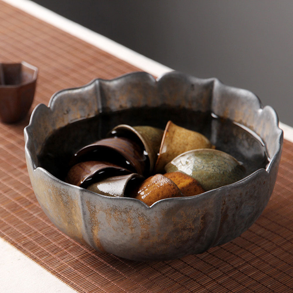 Lotus Shaped Coarse Pottery Tea Washer - Handmade Ceramic Tea Cup for Matcha, Japanese Tea Ceremony & Zen Meditation Accessories