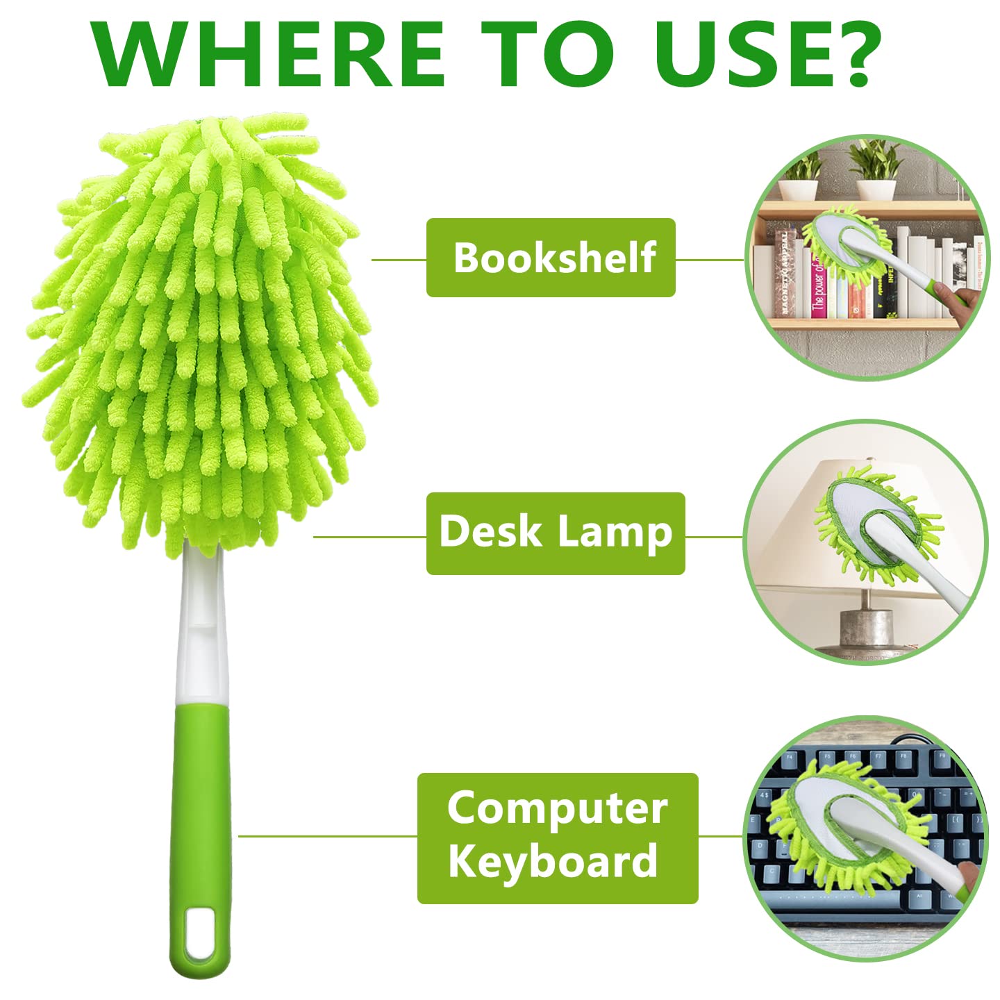 13 Inch Microfiber Feather Duster with 4 Washable Heads - Car, Home & Office Cleaning Tool for Windows, Tables, Furniture, Walls, Fans & Screens - Ideal for Dusting Hard-to-Reach Areas & Delicate Surfaces