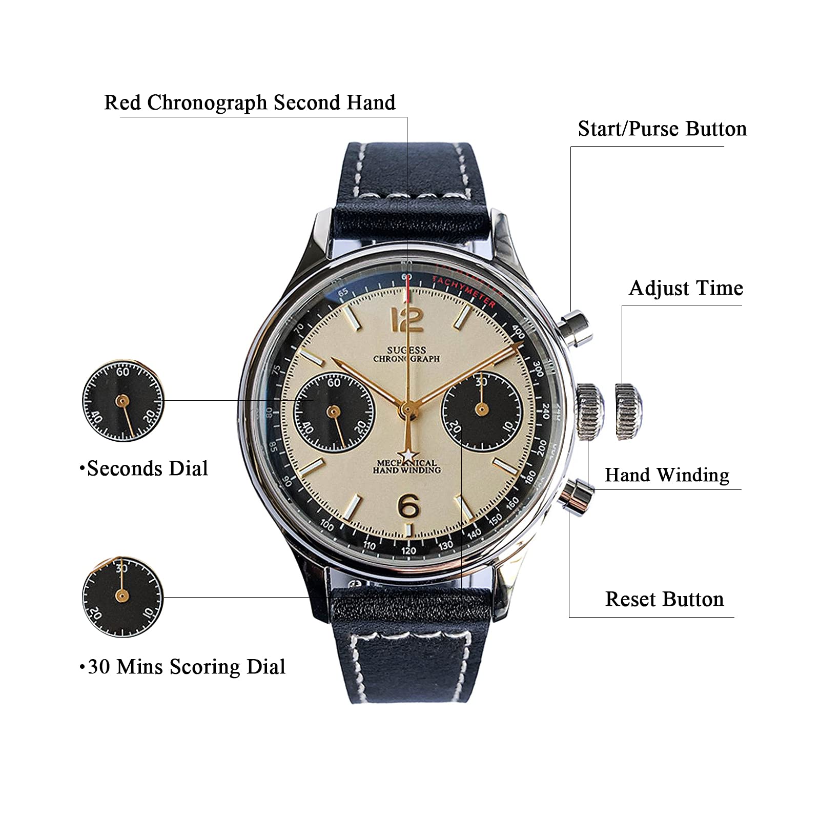 Sugess ST1901 Men's Mechanical Chronograph Watch - Hand Wind Movement, Panda Dial, 5ATM Waterproof, Sapphire Crystal, Military Pilot Style with Leather Strap - Perfect for Business, Casual Wear & Outdoor Adventures