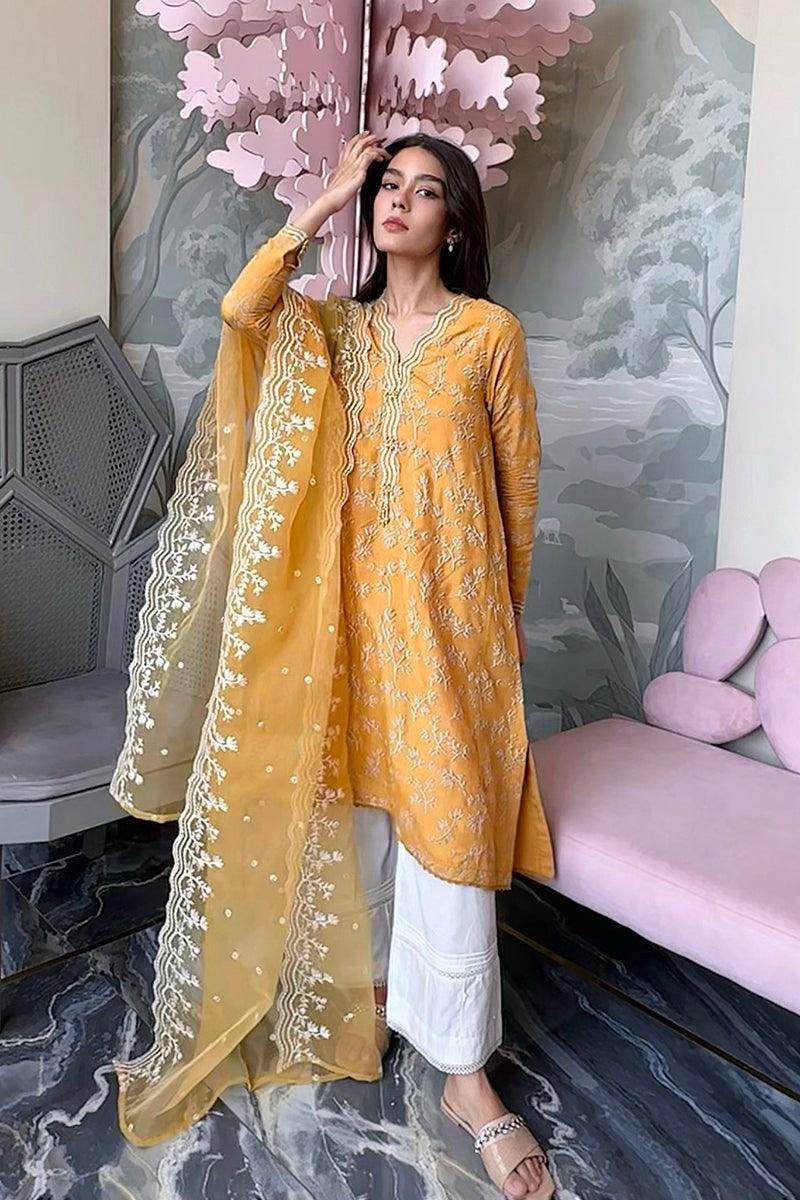 Elegant MAJESTIC GOLD 2-Piece Set (Embroidered Shirt & Dupatta) for Women - Perfect for Weddings, Parties & Special Occasions