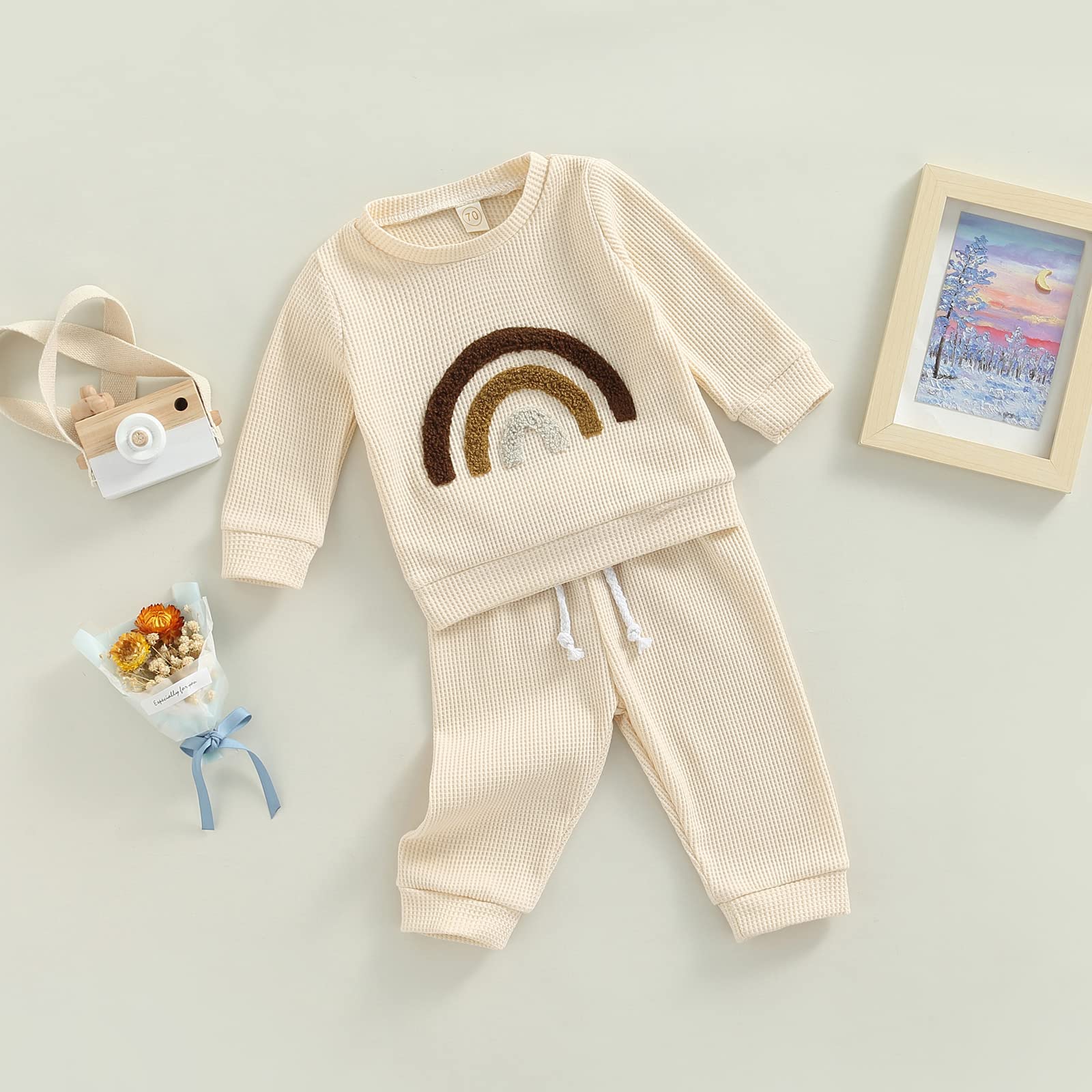 Newborn Baby Boy & Girl Clothes Set - 2PCS Fall Winter Waffle Outfit with Rainbow/Letter Design - Cozy Sweatsuits for Infant Daily Wear & Photo Shoots