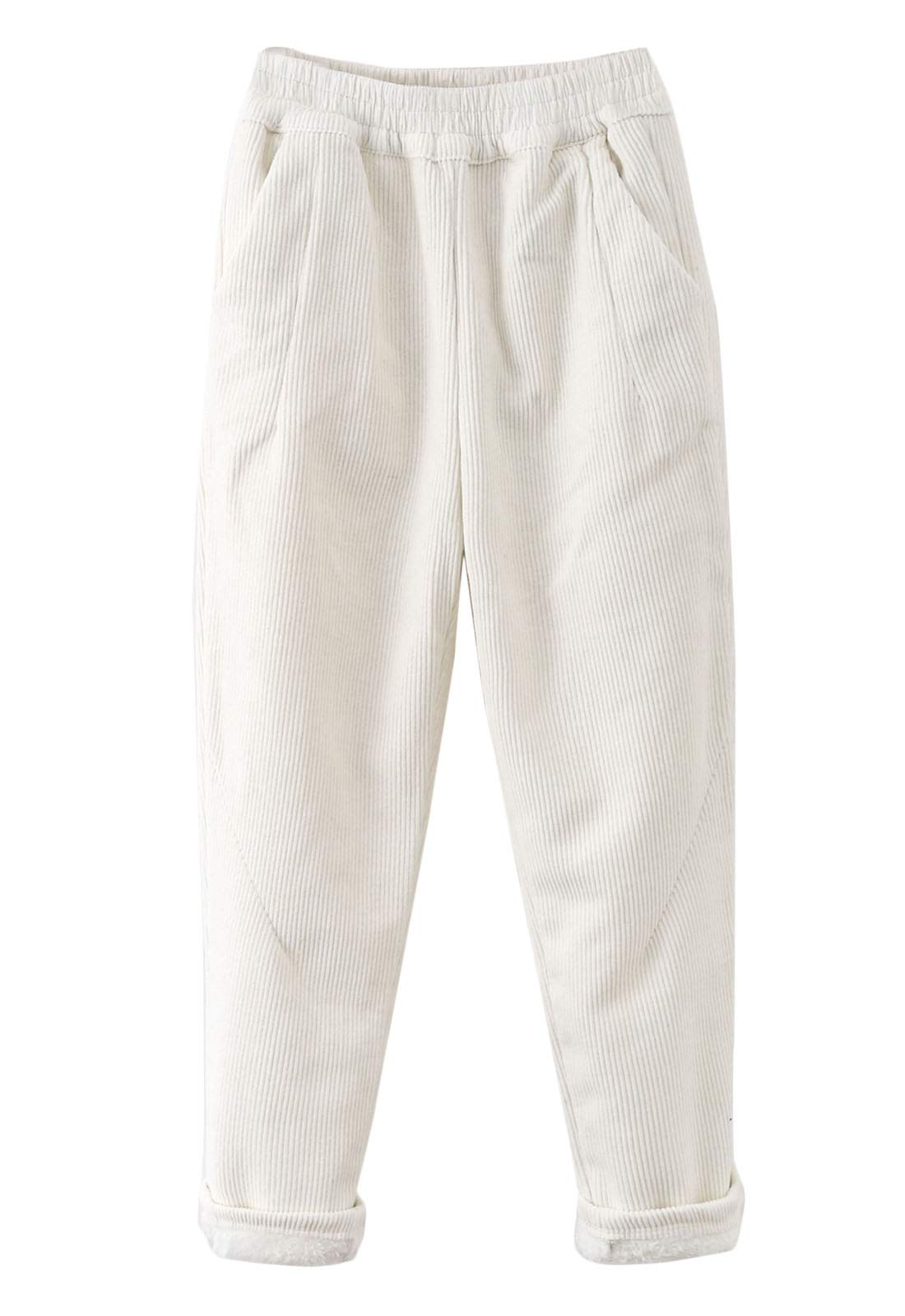 Flygo Women's Casual Thick Fleece Sherpa Lined Corduroy Pants - Warm Winter Elastic Waist Sweatpants for Lounge, Travel & Outdoor Activities