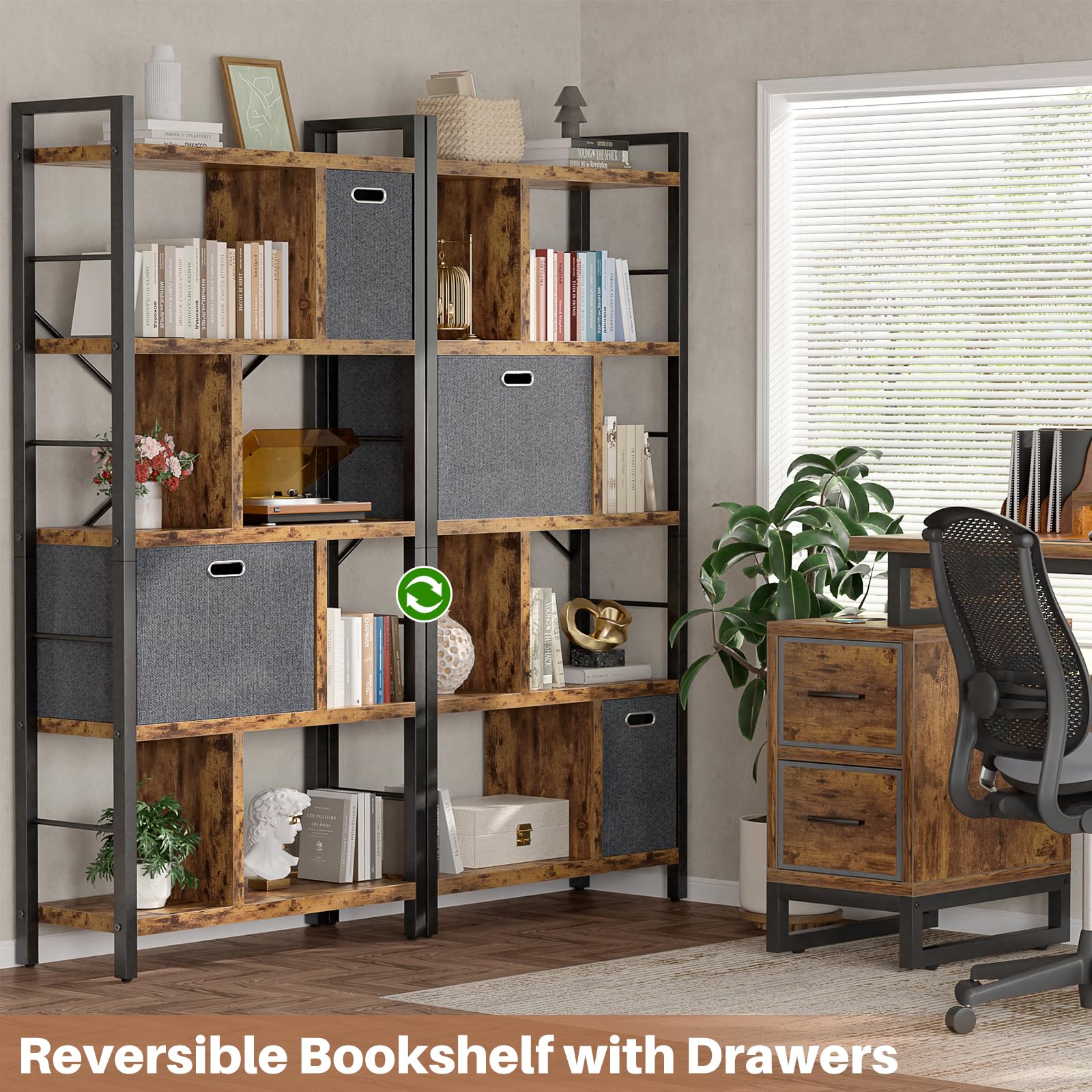 Armocity 5-Tier Geometric Bookcase with Drawers - Modern Tall Bookshelf with Storage, Rustic Brown Wooden Display Shelf for Living Room, Bedroom & Home Office - Perfect for Organizing Books, Decor & Office Supplies