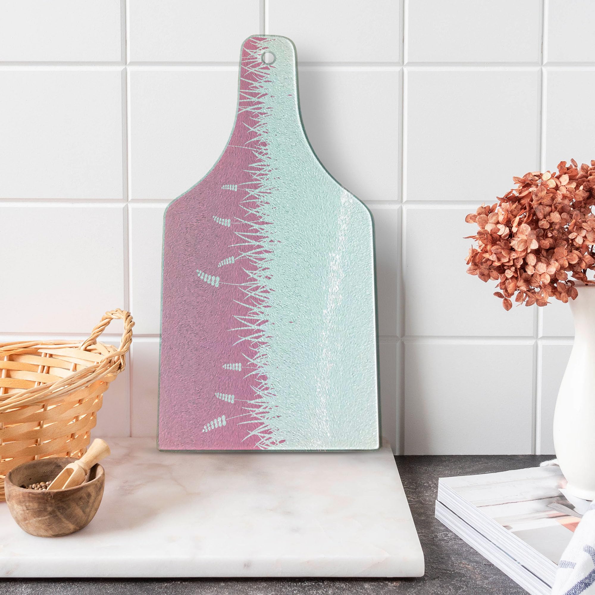 Ambesonne Pink Tempered Glass Cutting Board - Farm Life Inspired Art Print with Bushes & Wheat - Decorative Serving Board in Wine Bottle Shape (Hot Pink & White) - Perfect for Kitchen Prep, Charcuterie Displays & Wine Pairings