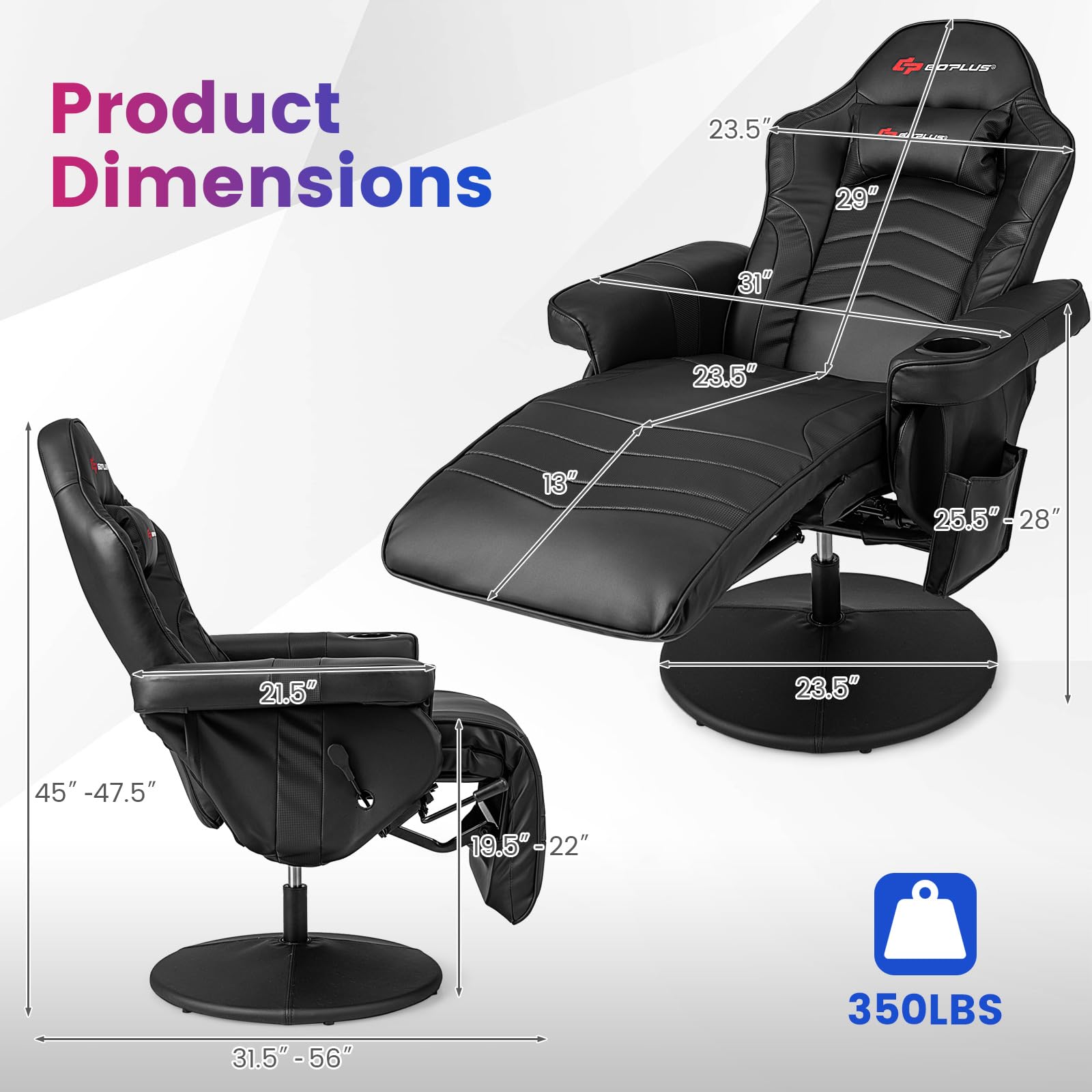Goplus Ergonomic Gaming Chair - Adjustable Height, Massage, Retractable Footrest, Cup Holder & Headrest - Swivel Office & Racing Style Gamer Chair (Black) - Perfect for PC Gaming, Streaming & Home Office Work