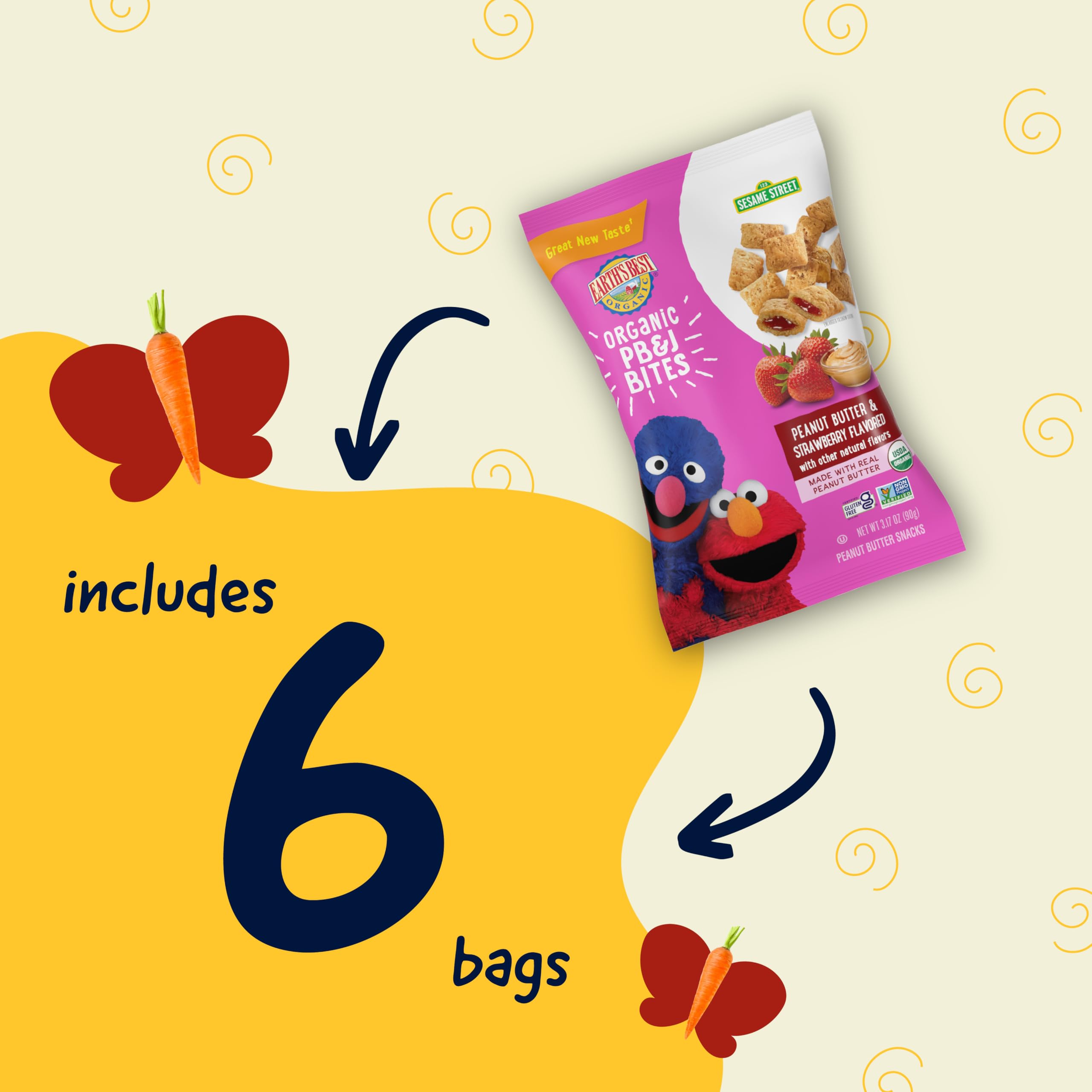 Earth's Best Organic Sesame Street Toddler Snacks - Peanut Butter & Strawberry Flavored PB&J Bites for Kids 2+ Years, 3.17oz (Pack of 6) | Healthy On-The-Go Snacks for Preschool, Daycare & Travel
