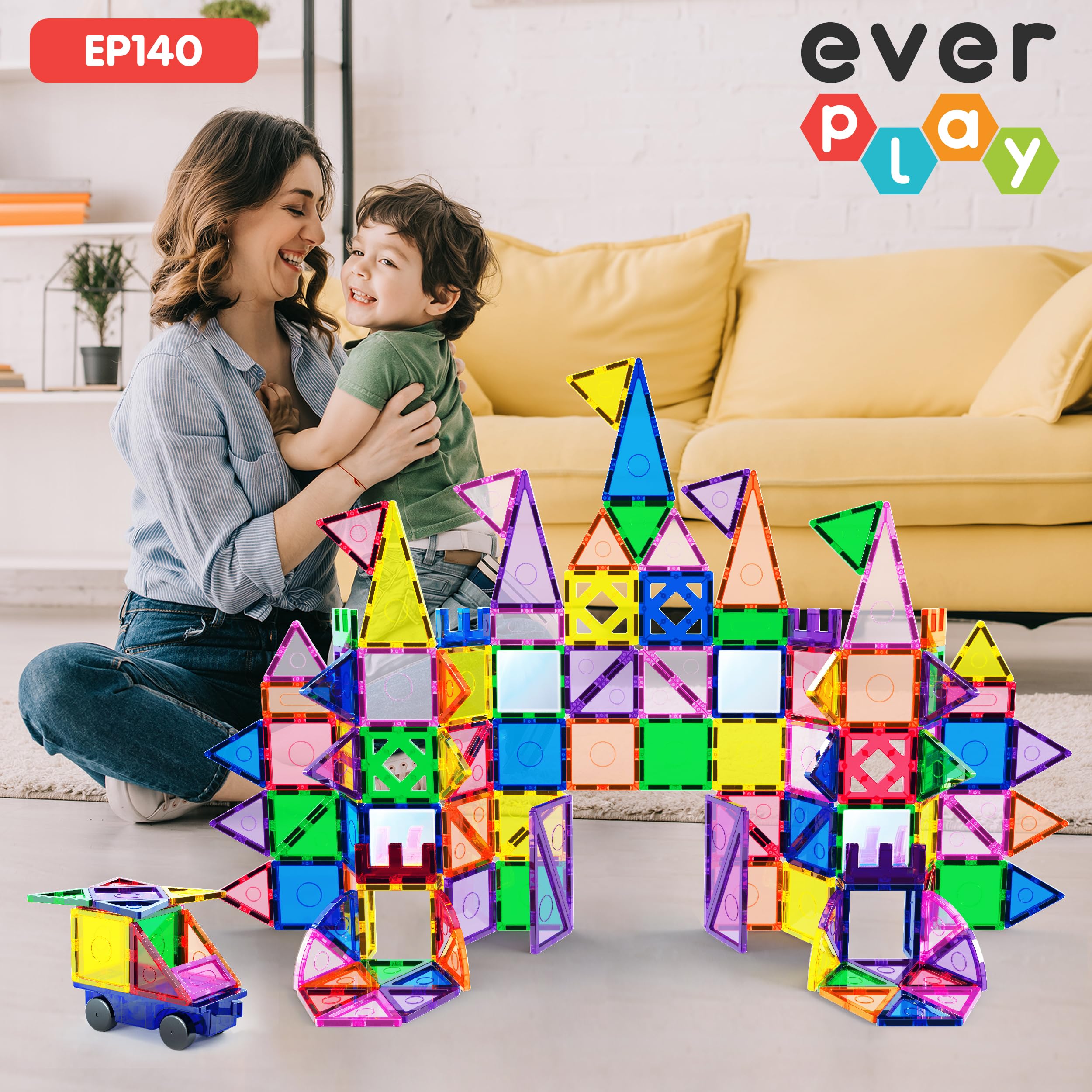 Everplay 140-Piece Magnetic Building Blocks Set - STEM Educational Castle Rocket & Car Toy for Kids Ages 3+ | Preschool Montessori Learning | Creative Construction Play for Boys & Girls | Perfect Gift for Toddlers | Indoor Play, Birthday Presents & Early Childhood Development