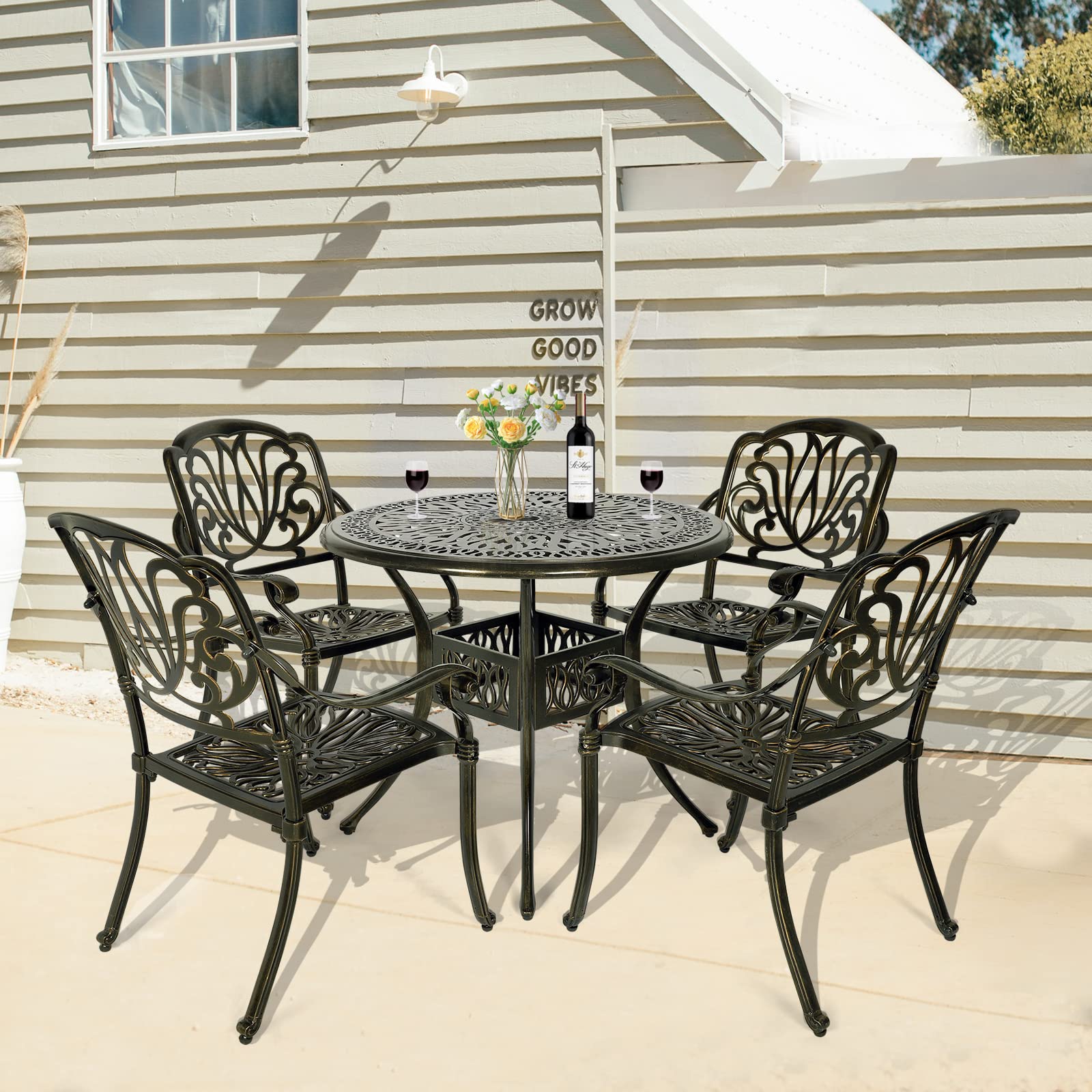 WARMHOL 5-Piece All-Weather Outdoor Patio Dining Set - Cast Aluminum Garden Furniture with 4 Chairs & 35.4