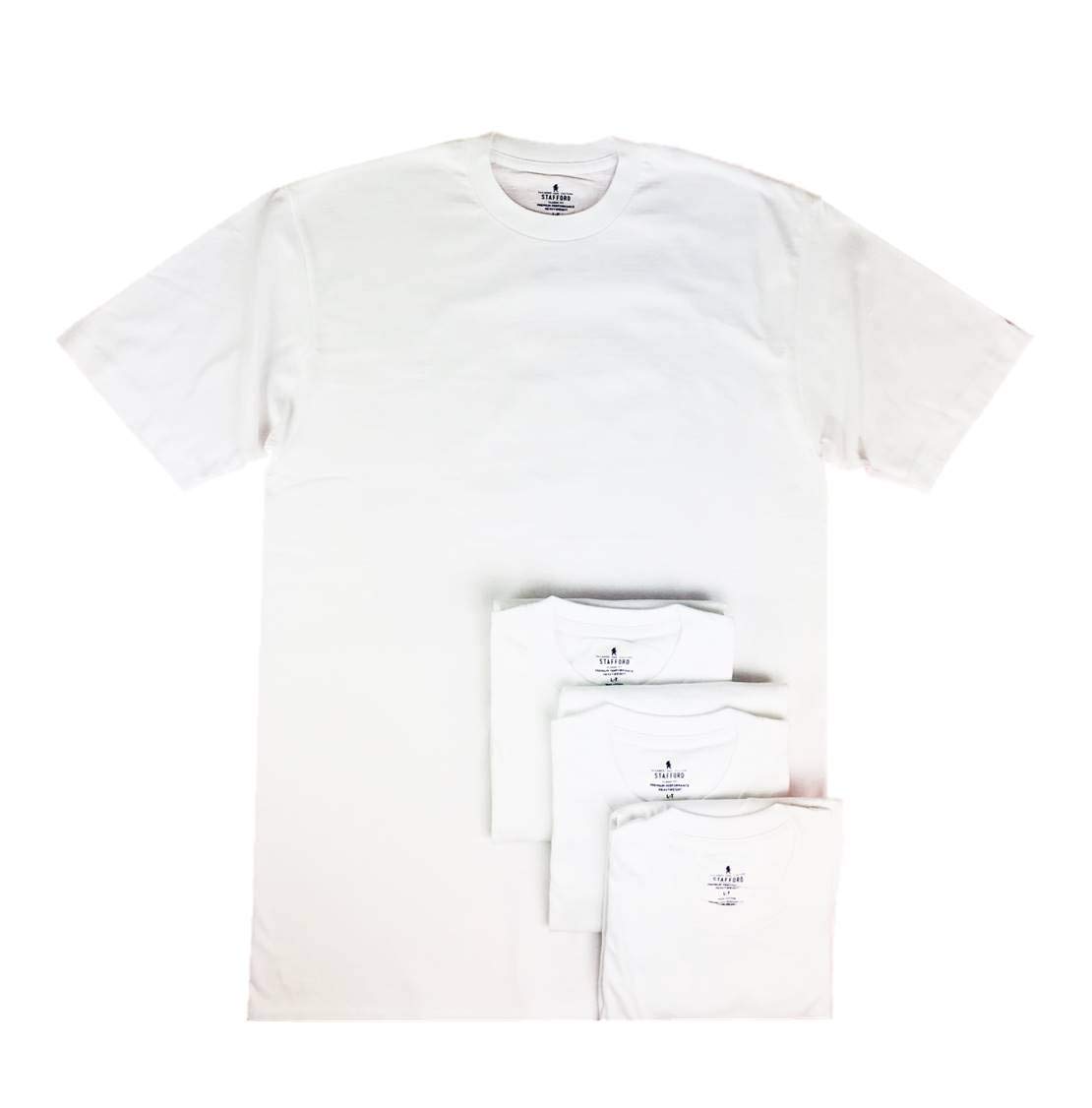 Stafford Men's 100% Heavy Weight Cotton Crew Neck Undershirt - White Short Sleeve 4-Pack (XXLT) | Tall & Extra Tall Comfort Fit | Moisture-Wicking Base Layer for Work & Casual Wear