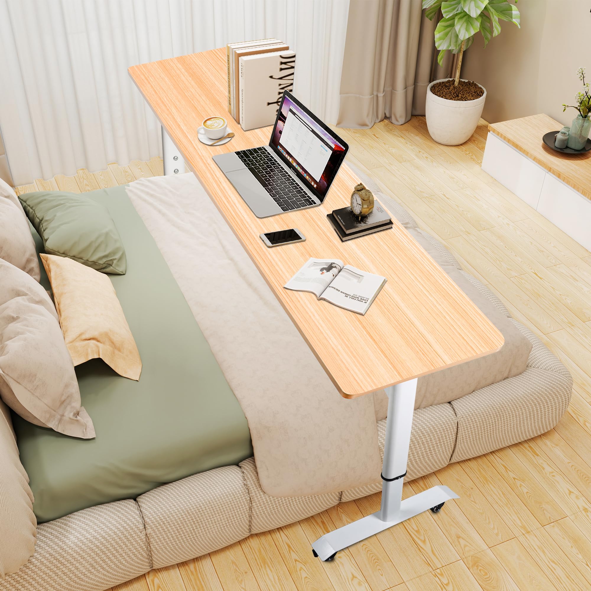 360° Rolling Over Bed Office Desk - Large Adjustable Height Double Movable Cross Bed Workstation with Heavy Duty Metal Legs & 210cm Thickened Desktop | Perfect for Home Office, Dorm Room, or Small Space Workstation