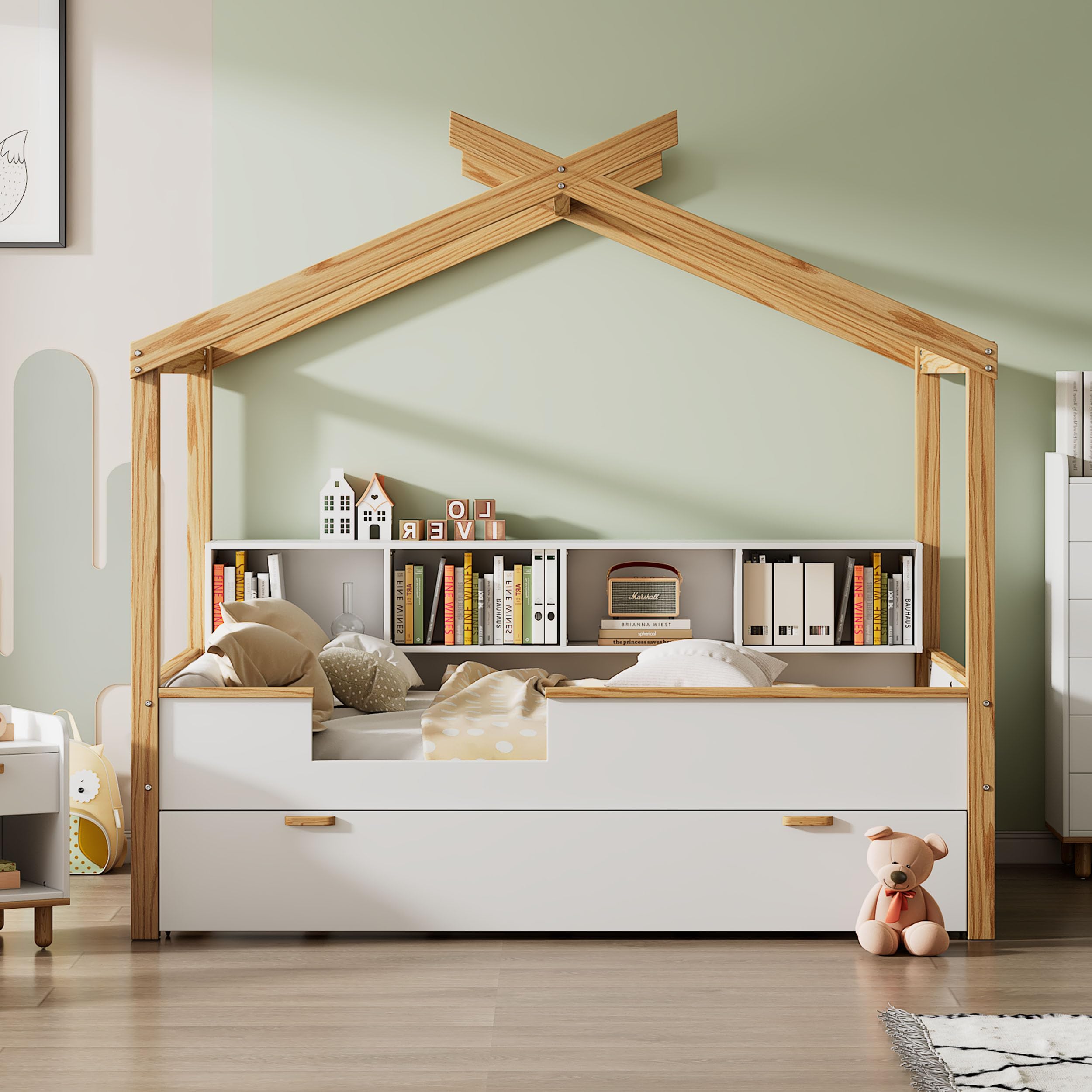 Natural Wood Kids Trundle Bed with Bookshelf - Montessori Toddler House Bed for Boys & Girls, Full Size White Children's Bed - Perfect for Small Bedrooms, Playrooms & Montessori Learning Spaces