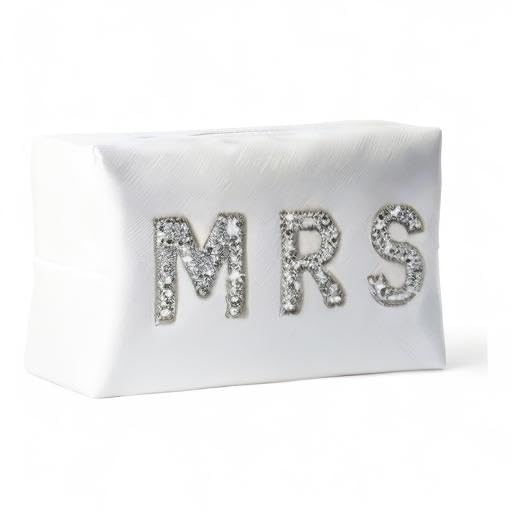 Sparkling MRS Diamond Rhinestone Patch Letter Cosmetic Bag - Waterproof White Makeup Bag for Bridal Shower, Wedding, Bachelorette Party | Personalized Gift for Bride, Bridesmaids, Birthday | Large Size Toiletry Bag for Travel & Special Occasions