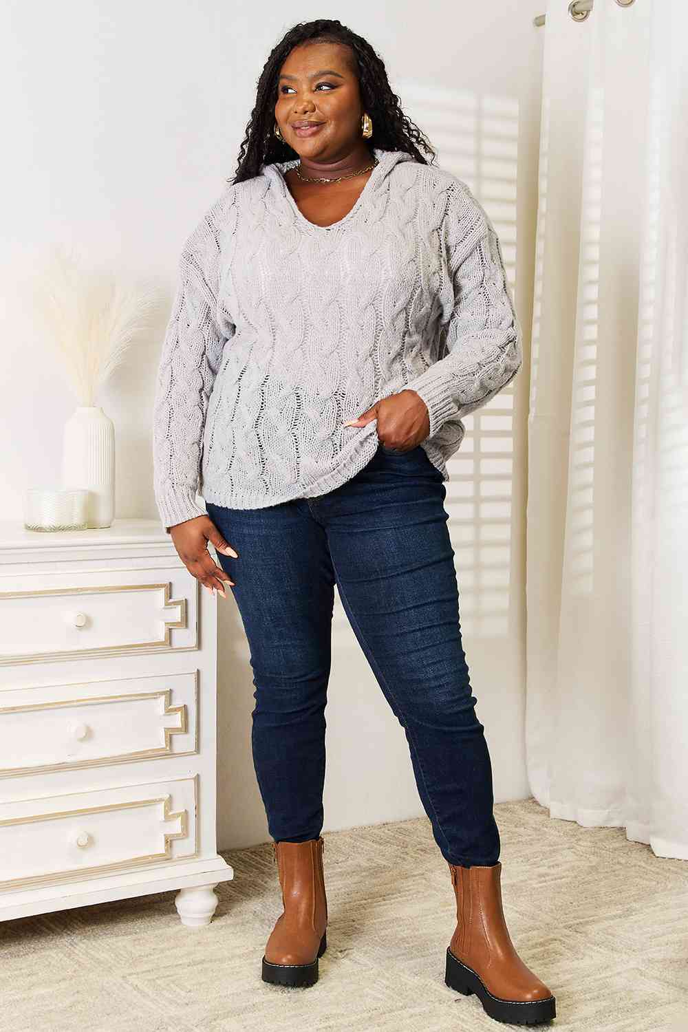 Cozy Light Gray Cable Knit Hooded Sweater for Women - Winter Warm Pullover Casual Outfit for Fall & Winter Fashion