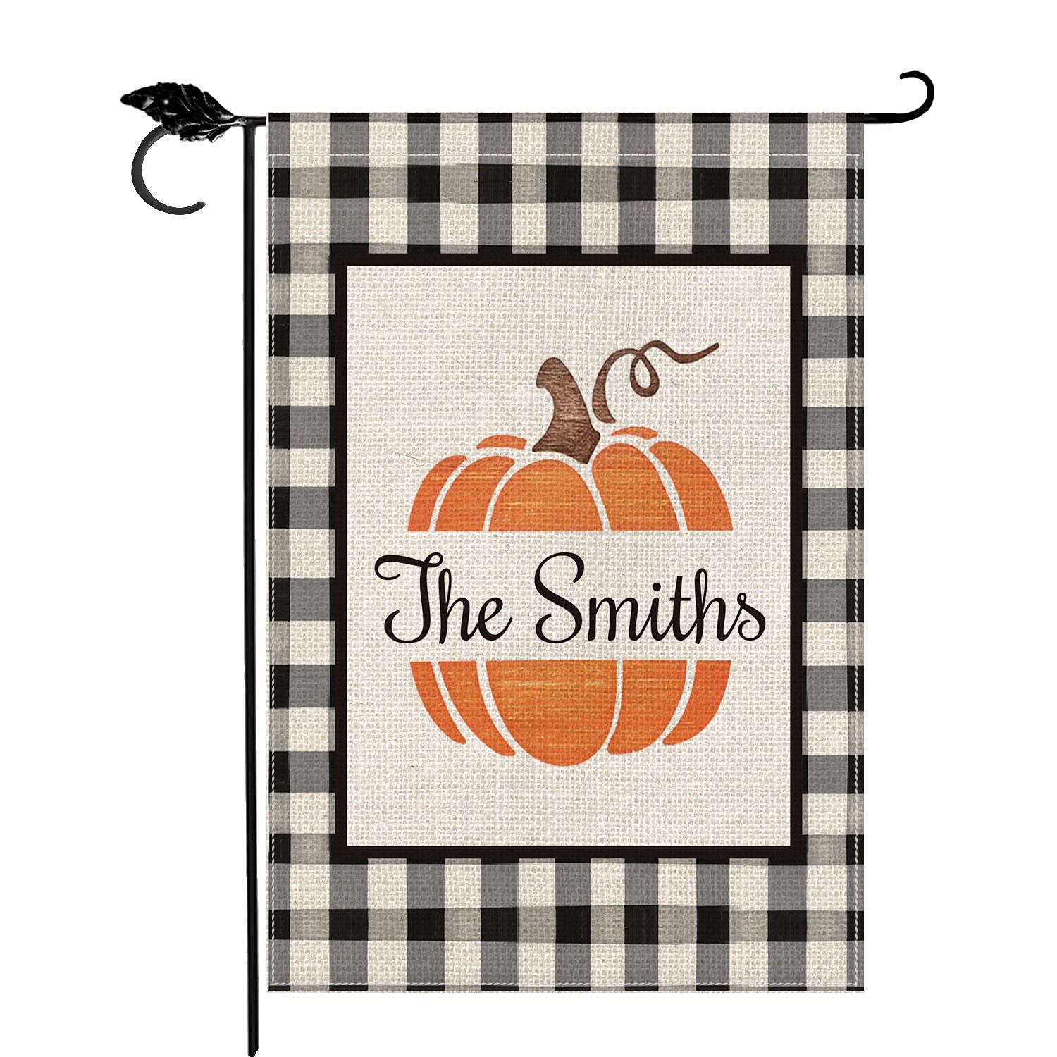 Custom Fall Pumpkin Garden Flag - Personalized Buffalo Plaid Family Name - Double Sided 12x18 Inch Rustic Farmhouse Decor for Yard, Porch & Outdoor Autumn Decoration