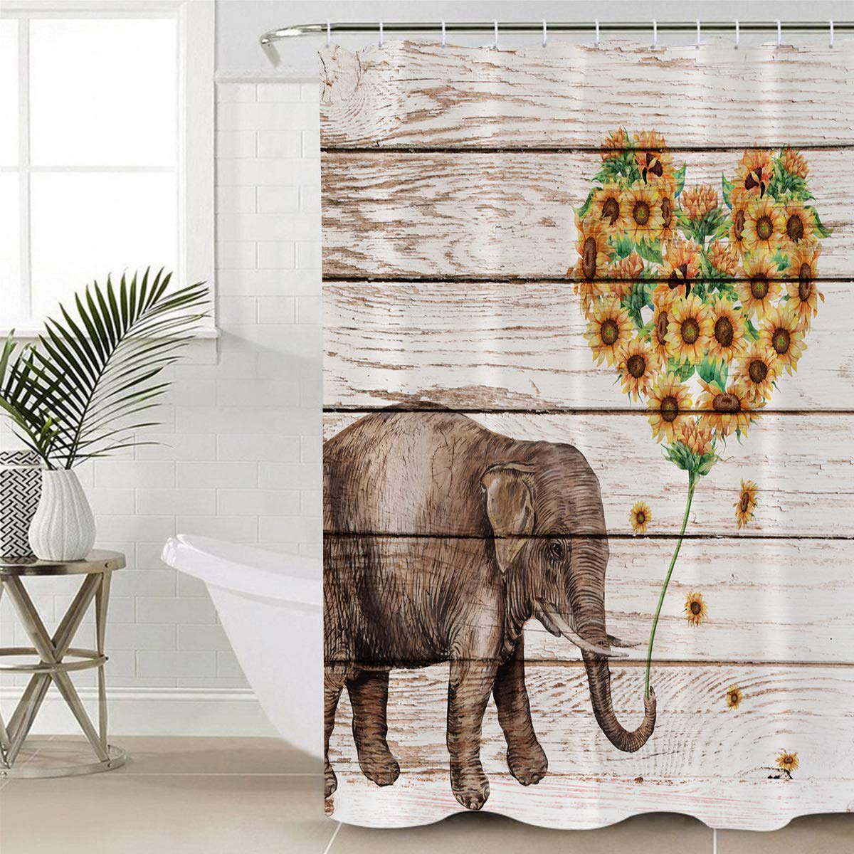 DaringOne Elephant Heart Shaped Sunflower Shower Curtain Set - 72x84 Inch Waterproof Polyester Fabric with Hooks - Cute Bathroom Decor for Kids & Adults - Perfect for Themed Bathrooms, Nursery, or Gift Idea