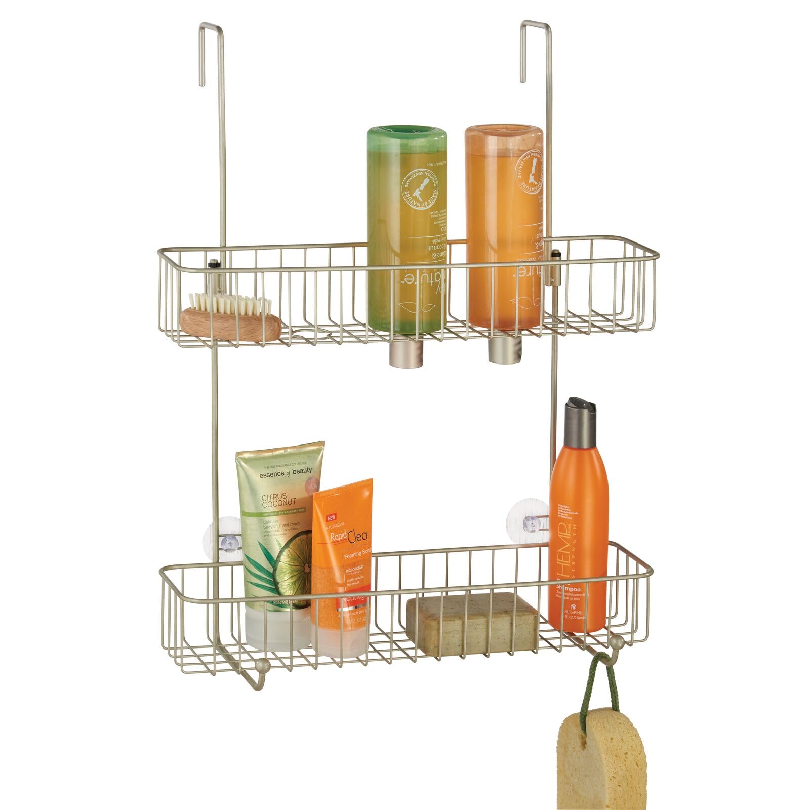 mDesign Extra Wide Metal Wire Over The Shower Door Caddy - 2-Tier Hanging Bathroom Storage Organizer with Built-in Hooks & Baskets for Shampoo, Body Wash, Loofahs - Satin Finish - Perfect for Small Bathrooms & Space-Saving Shower Organization
