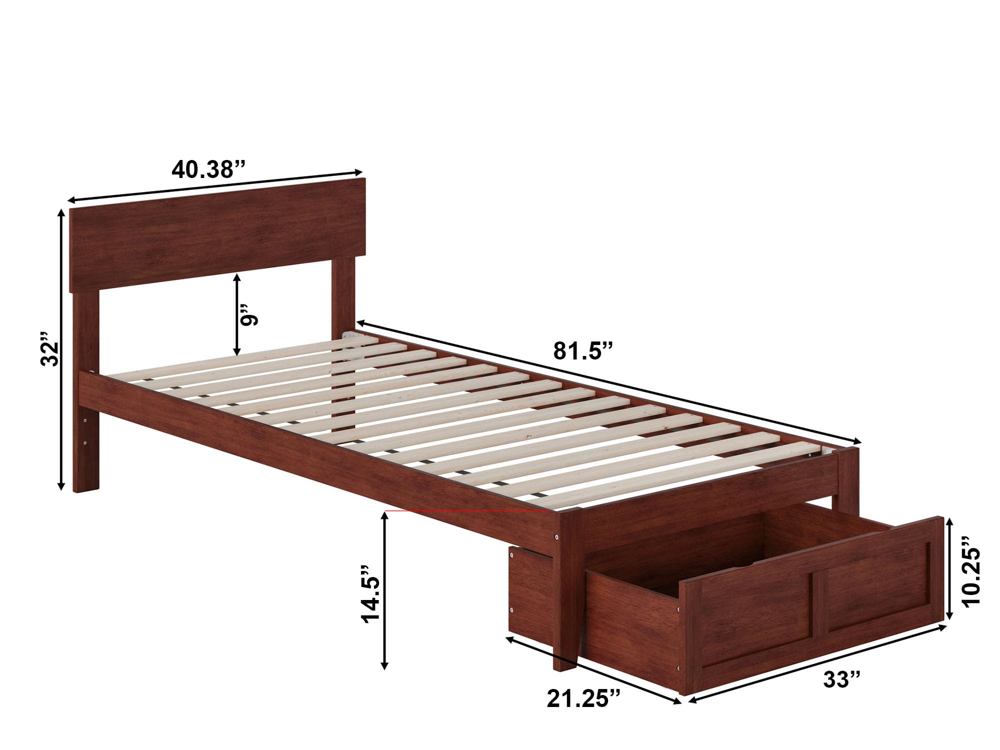 AFI Boston Twin XL Size Platform Bed Frame with Storage Drawer in Walnut Finish - Perfect for Small Bedrooms, Dorms & Guest Rooms