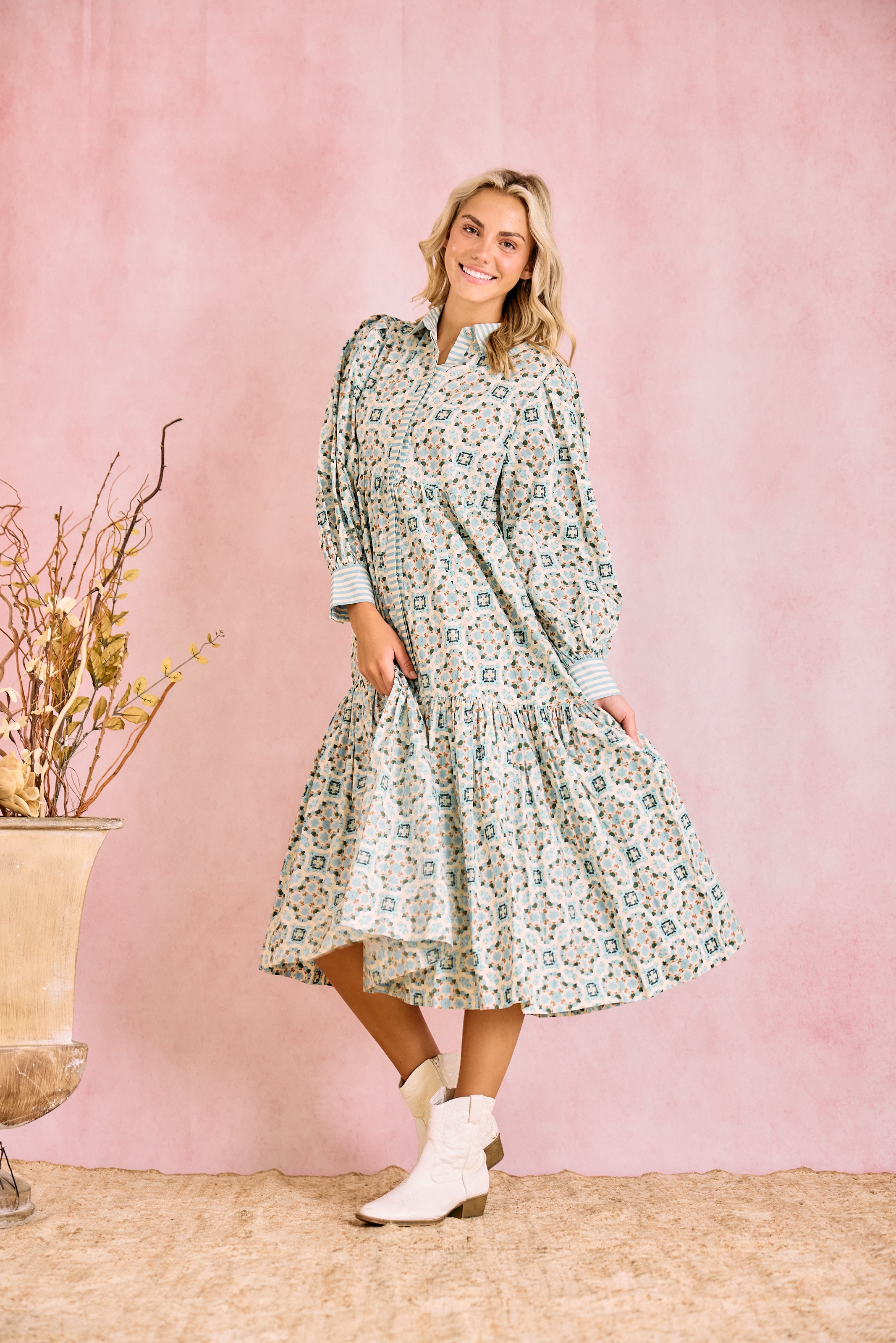Laura Long Sleeve Quatrefoil Print Dress in Blue & Ivory - Elegant Office Wear & Casual Party Outfit
