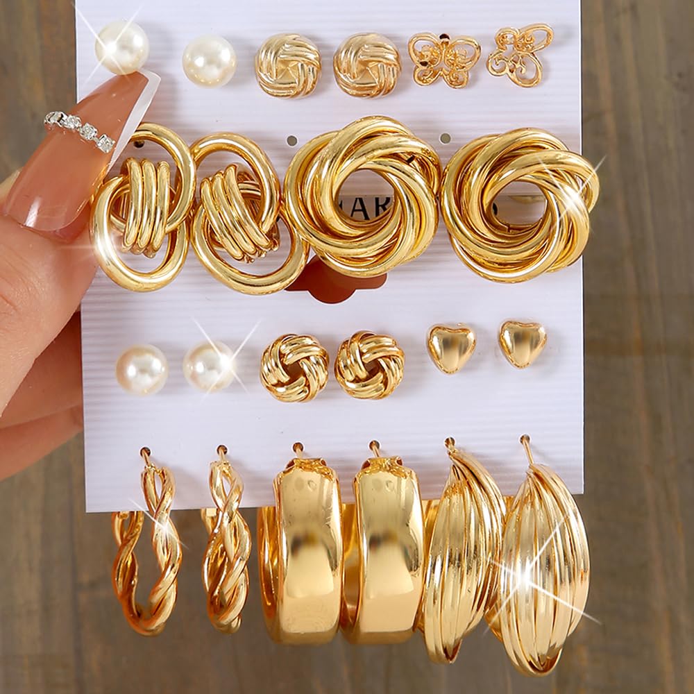 Shining Diva Fashion 11-Piece Vintage Pearl Earrings Set for Women - Gold Plated Dangle, Heart, Butterfly & Hoop Earrings - Geometric Jewelry Collection | Perfect for Parties, Weddings & Everyday Wear