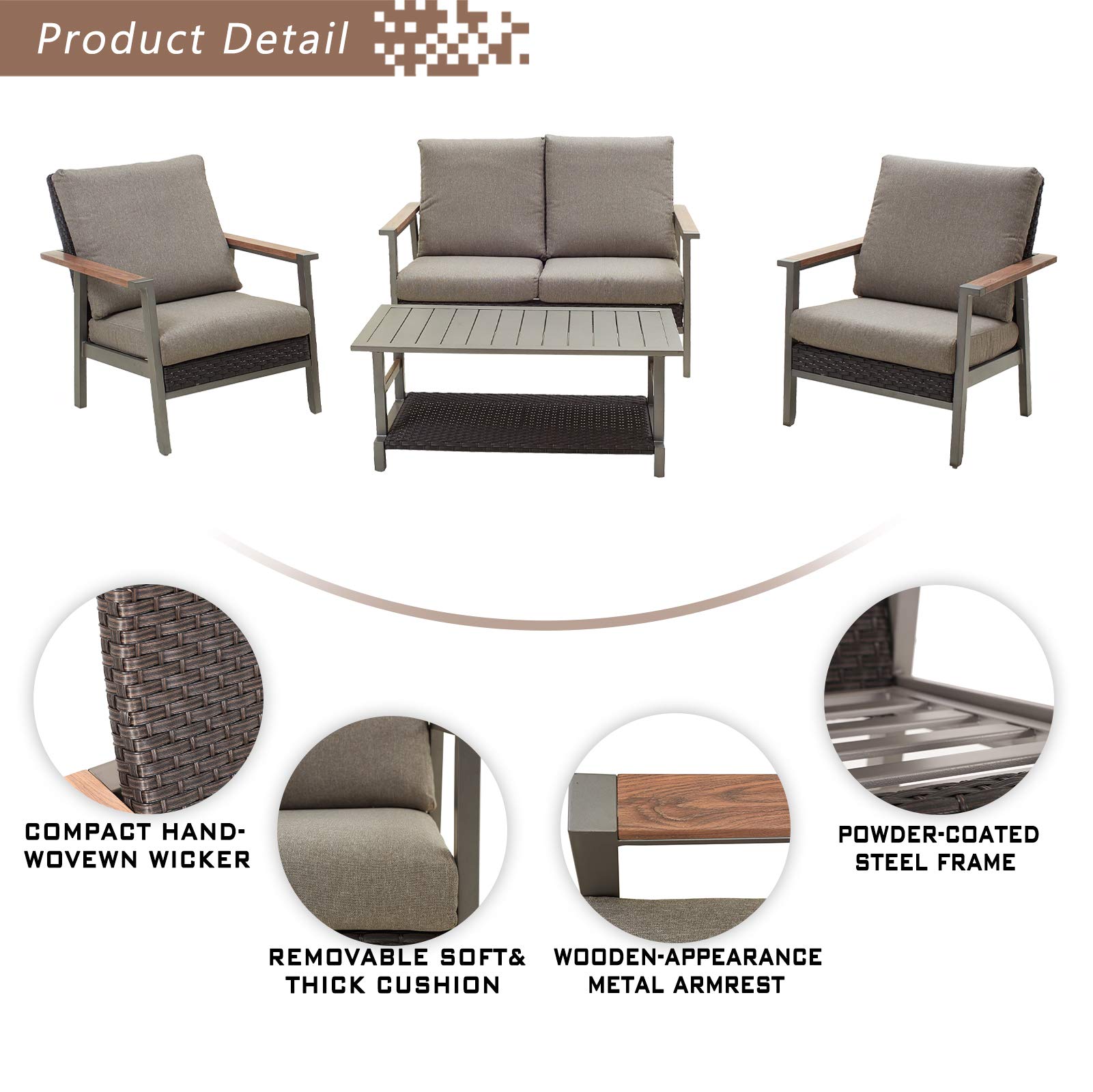 Festival Depot 4-Piece Outdoor Patio Conversation Set - Wicker Armchairs & Loveseat with Thick Cushions + Metal Frame Coffee Table - Grey Garden Furniture for Backyard, Poolside & Terrace Relaxation