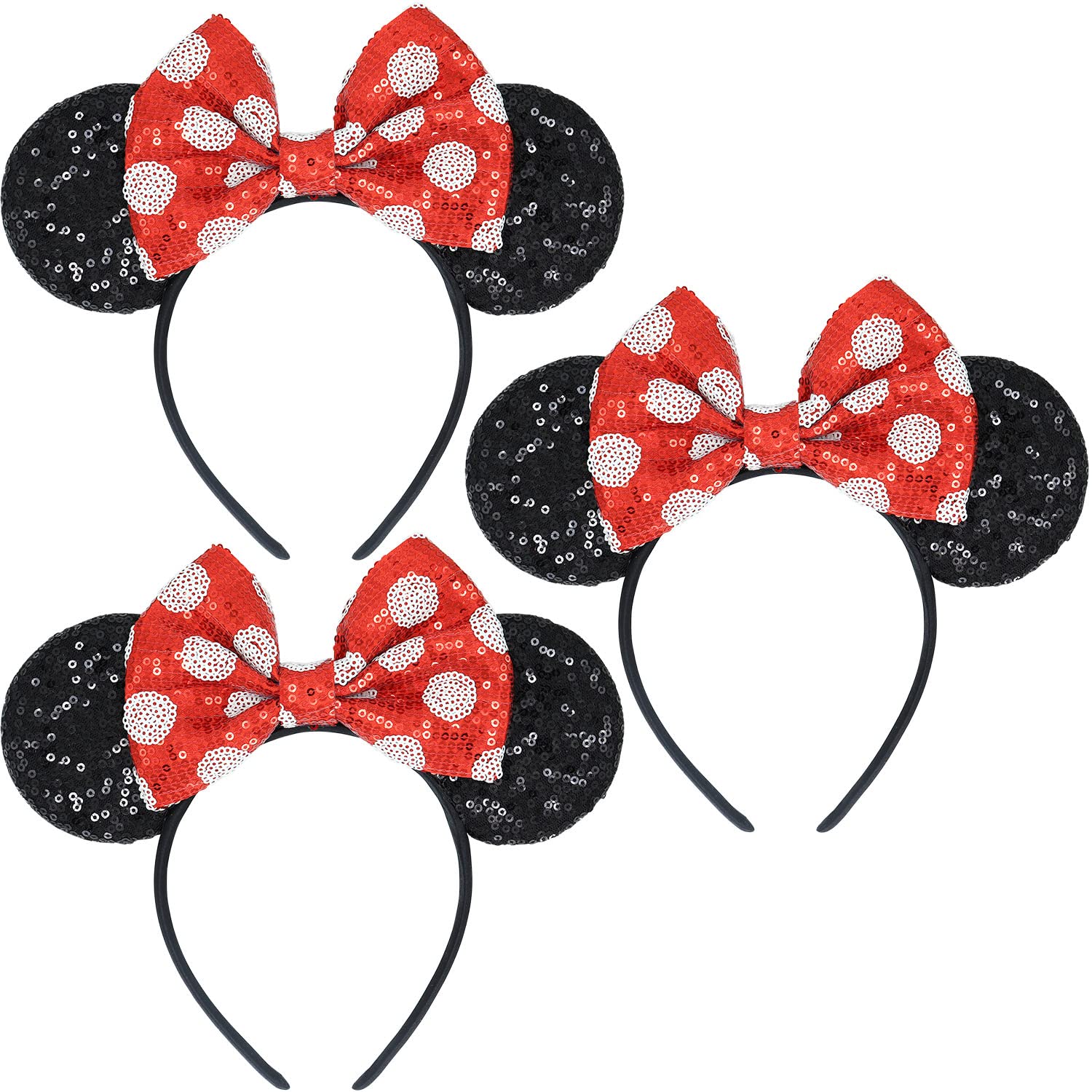 Minnie Mouse Ears Headband with Sequin Bows - 2PCS Hot Pink Disney Inspired Hair Accessories for Women & Girls | Perfect for Halloween Costumes, Theme Parks, Birthday Parties & Disneybounding