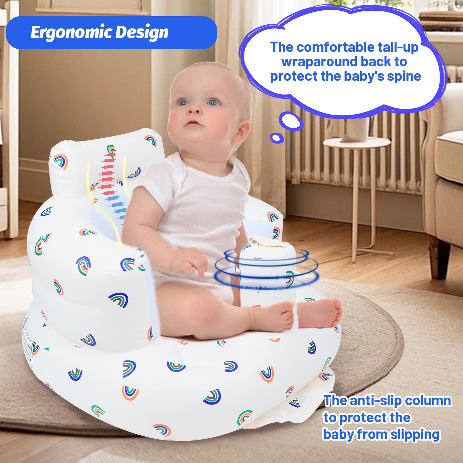 Inflatable Baby Chair with Built-in Air Pump - Portable Rainbow Baby Seat for Infants 3 Months & Up - Summer Inflatable Floor Seat for Sitting, Feeding & Playtime - Perfect for Indoor, Outdoor & Beach Use