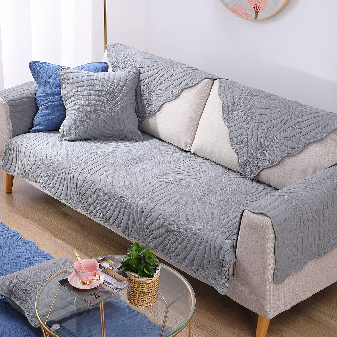 Vctops Leaf Embroidery Cotton Sofa Cover - Non-Slip Sectional Couch Slipcover for Pets, Fits L-Shaped & Recliner Couches (Grey, 43