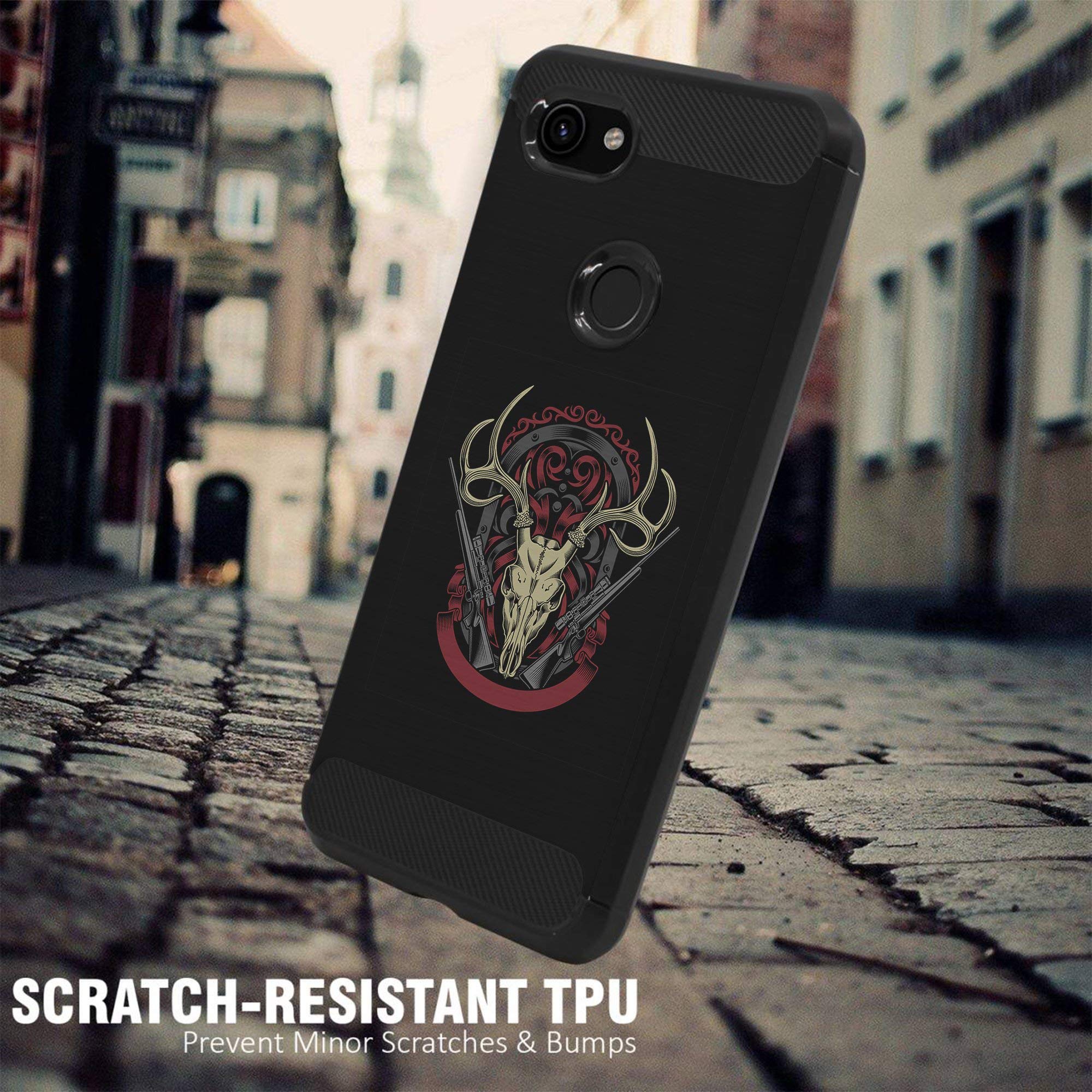 Google Pixel 3A XL Case - Shockproof Carbon Fiber Cover (Deer Skull) for Outdoor Protection