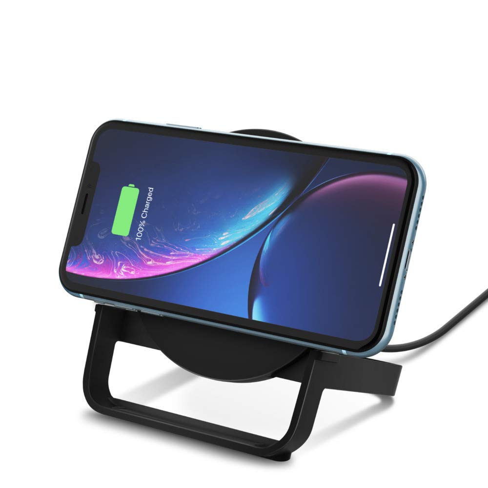 Belkin Boost Charge 10W Fast Wireless Charging Stand with AC Adapter - Qi Certified Charger for iPhone 15/14/13/12, Samsung Galaxy S23/S22 - Perfect for Home, Office & Nightstand Charging (Black)