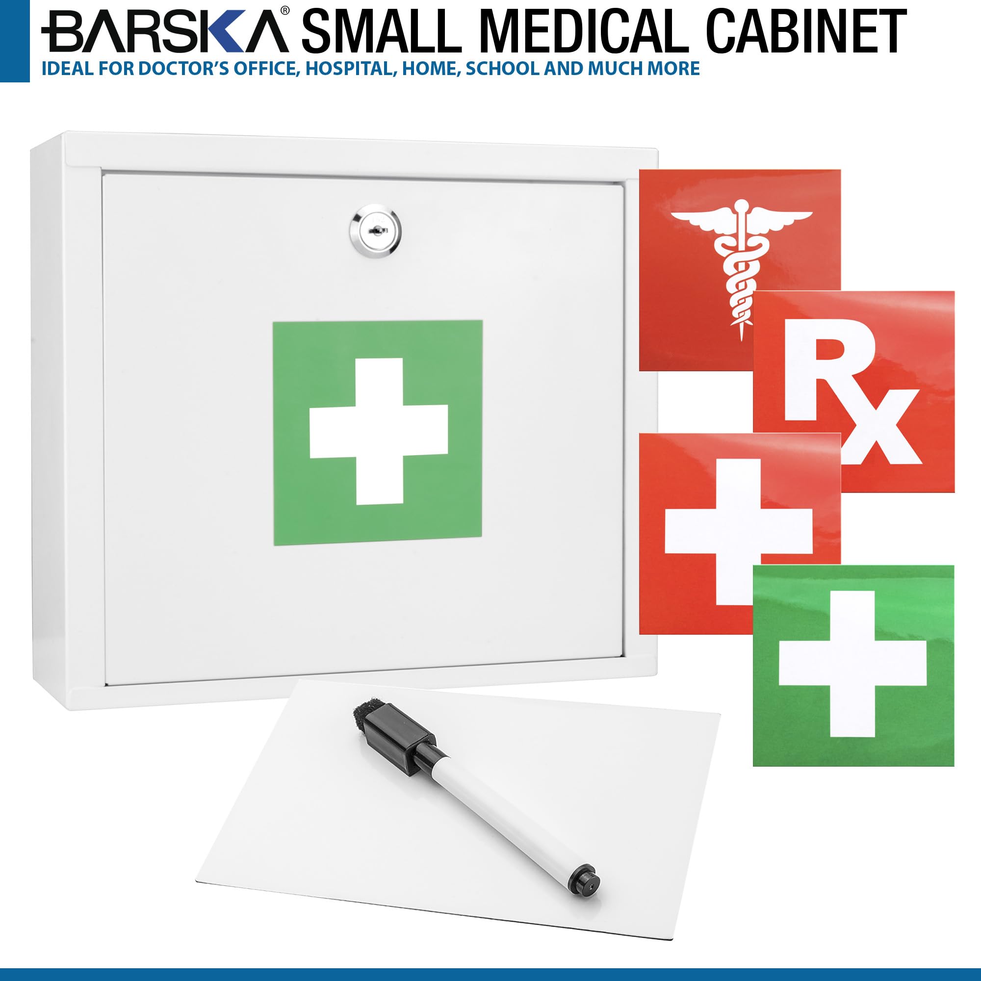 Barska CB12820 White Wall Mount Medical Security Cabinet with Key Lock, Magnetic Erase Pad, Shelf & Stickers - 10.63