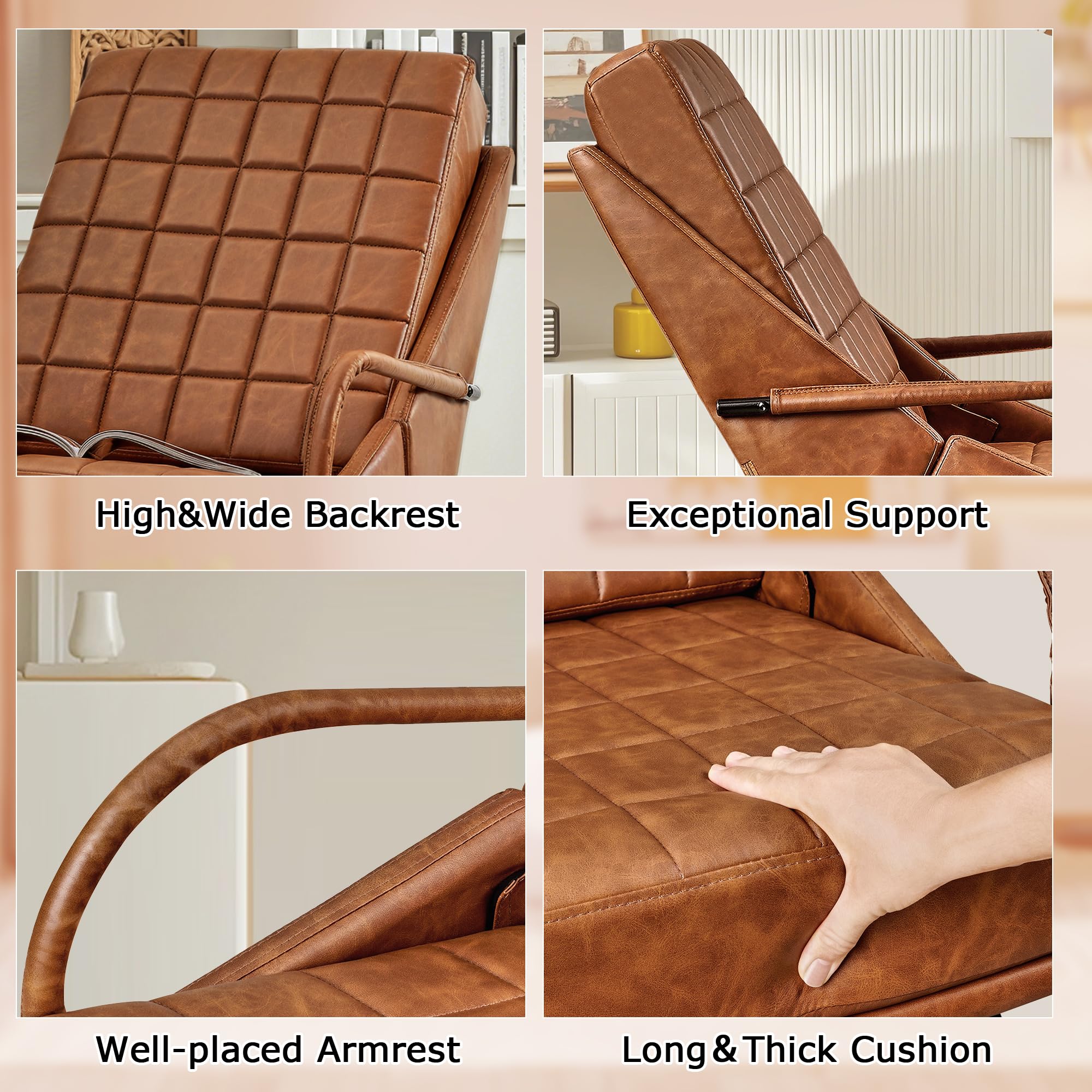 VECELO Leather Glider Rocking Chair with High Backrest - Nursery, Living Room, Bedroom & Balcony Upholstered Rocker in Brown | Perfect for Nursing, Relaxing & Reading