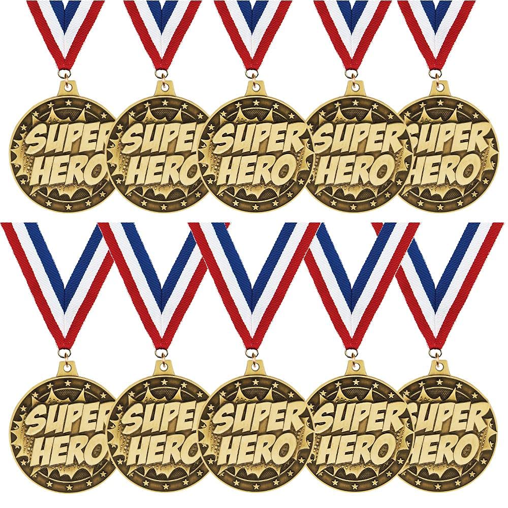 Superhero Medals for Kids - 10 Pack Gold Superhero Awards with Red, White & Blue Ribbons - Perfect for Birthday Parties, School Rewards & Sports Events