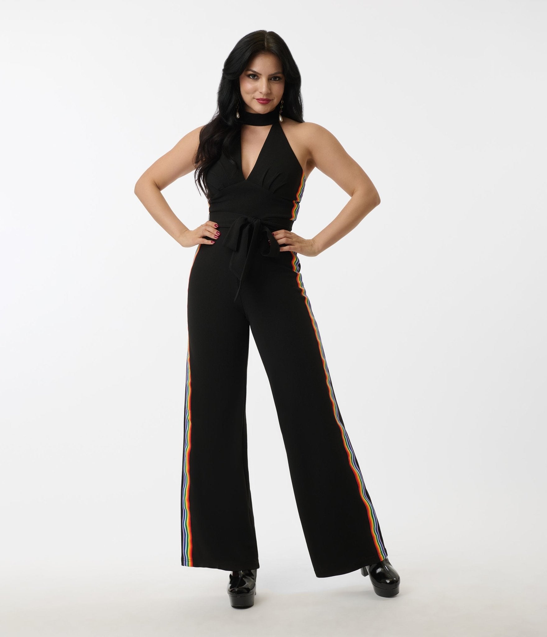 Smak Parlour Black Rainbow Stripe Glamour Goddess Jumpsuit for Women - Sexy Party Outfit, Clubwear & Festival Fashion - Perfect for Night Out, Concert & Special Occasions