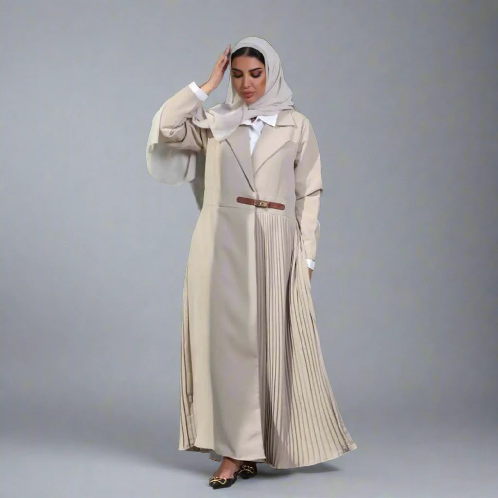Elegant Pleated Muslim Women's Open Abaya Dress with Adjustable Leather Belt - Modest Islamic Fashion for Prayer, Eid, Wedding & Special Occasions