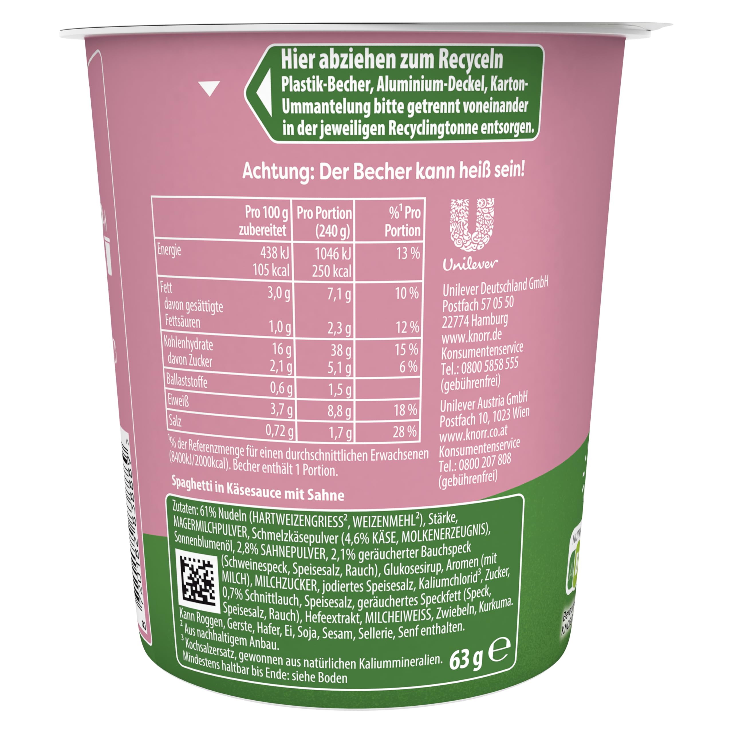 Knorr Pasta Snack Pot Cheese & Cream Delicious Instant Noodles Ready in 5 Minutes - 8 Pack (63g Each) | Quick Lunch, Office Meal & Emergency Food Supply