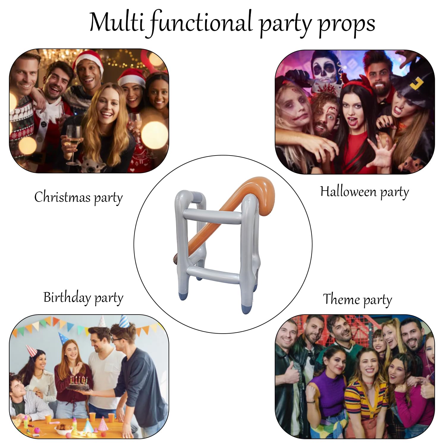 2 Pcs Inflatable Walker and Cane with Beard - Funny Old Age Costume Accessories for Men & Women - Retirement Gag Gift, Party Decoration - Perfect for Halloween, Themed Parties, and Practical Jokes