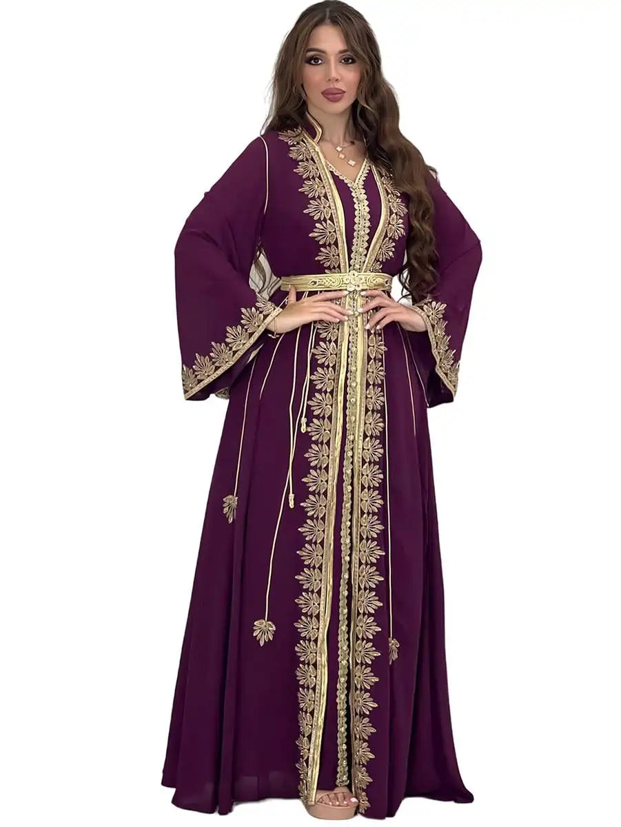 Elegant Eid Dress for Women - Embroidered Applique Caftan Kaftan Maxi Dress for Muslim Holiday & Special Occasions | Perfect for Eid Prayer, Family Gatherings & Festive Celebrations