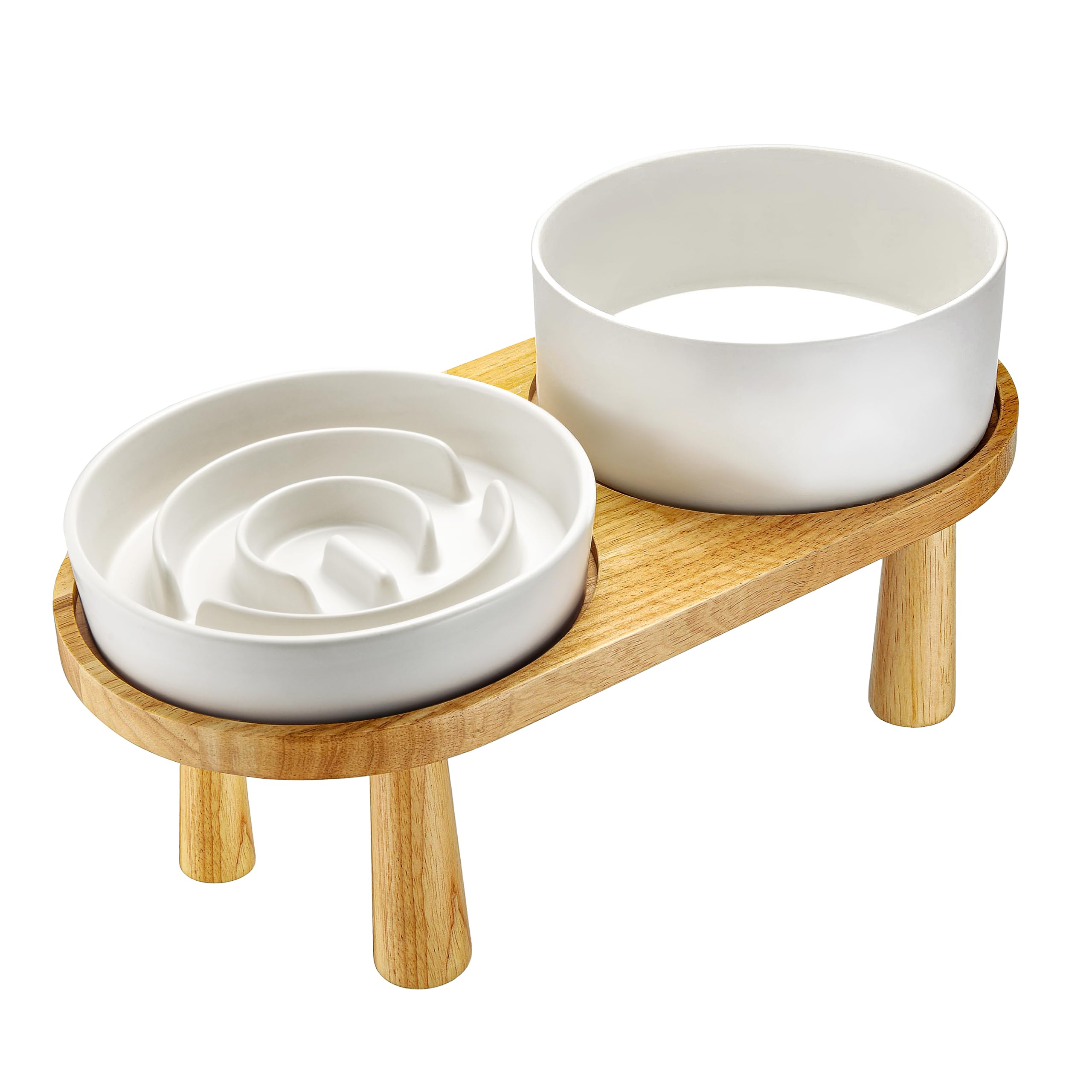Ceramic Slow Feeder & Elevated Water Bowl Set for Medium & Large Dogs - 30oz Anti-Choke Food Bowl & 70oz Water Dish with Wooden Stand - Perfect for Mealtime & Hydration - Ideal for Fast Eaters & Home Use