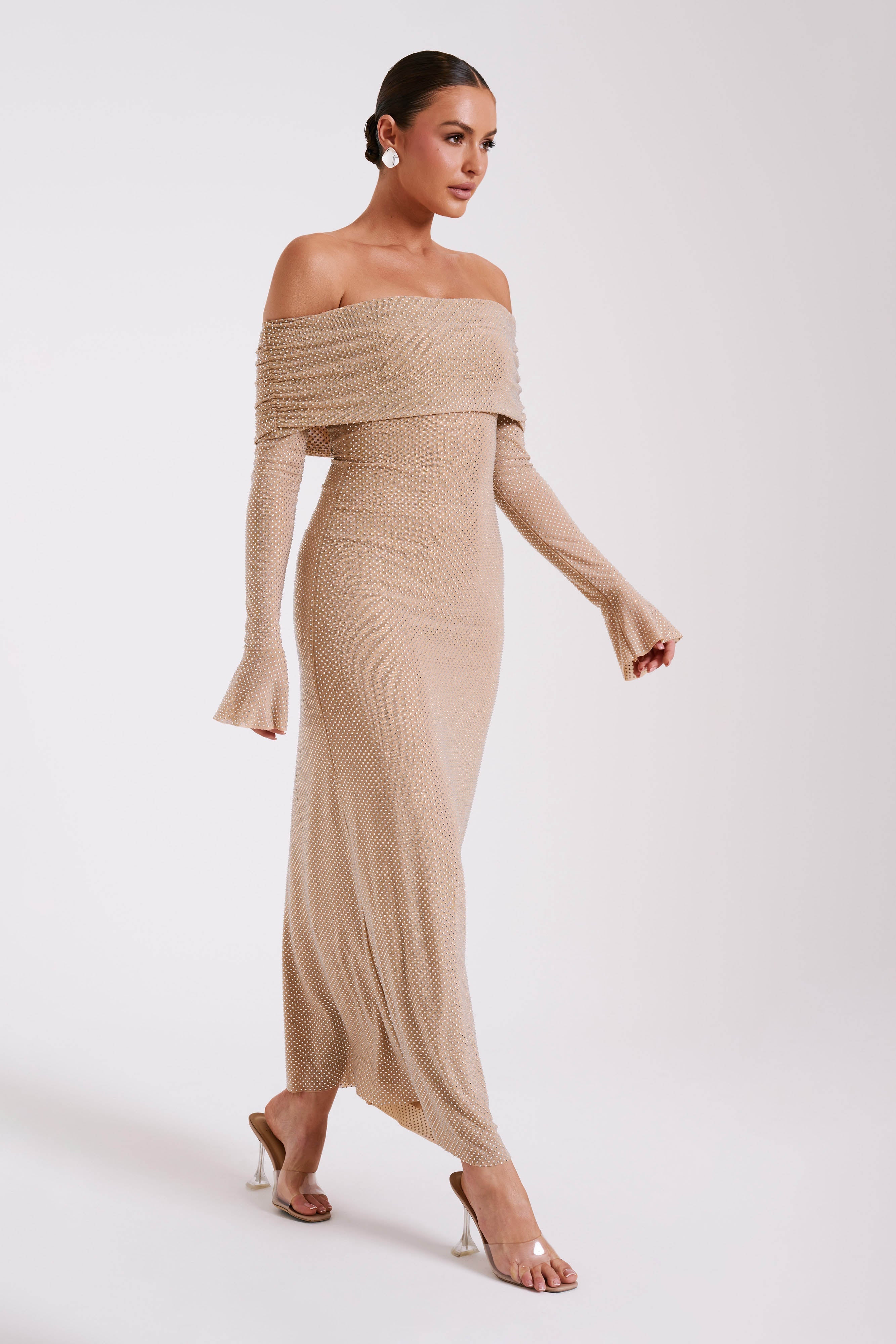 Elegant Marcel Off Shoulder Diamante Maxi Dress in Nude - Perfect for Weddings, Parties & Evening Events