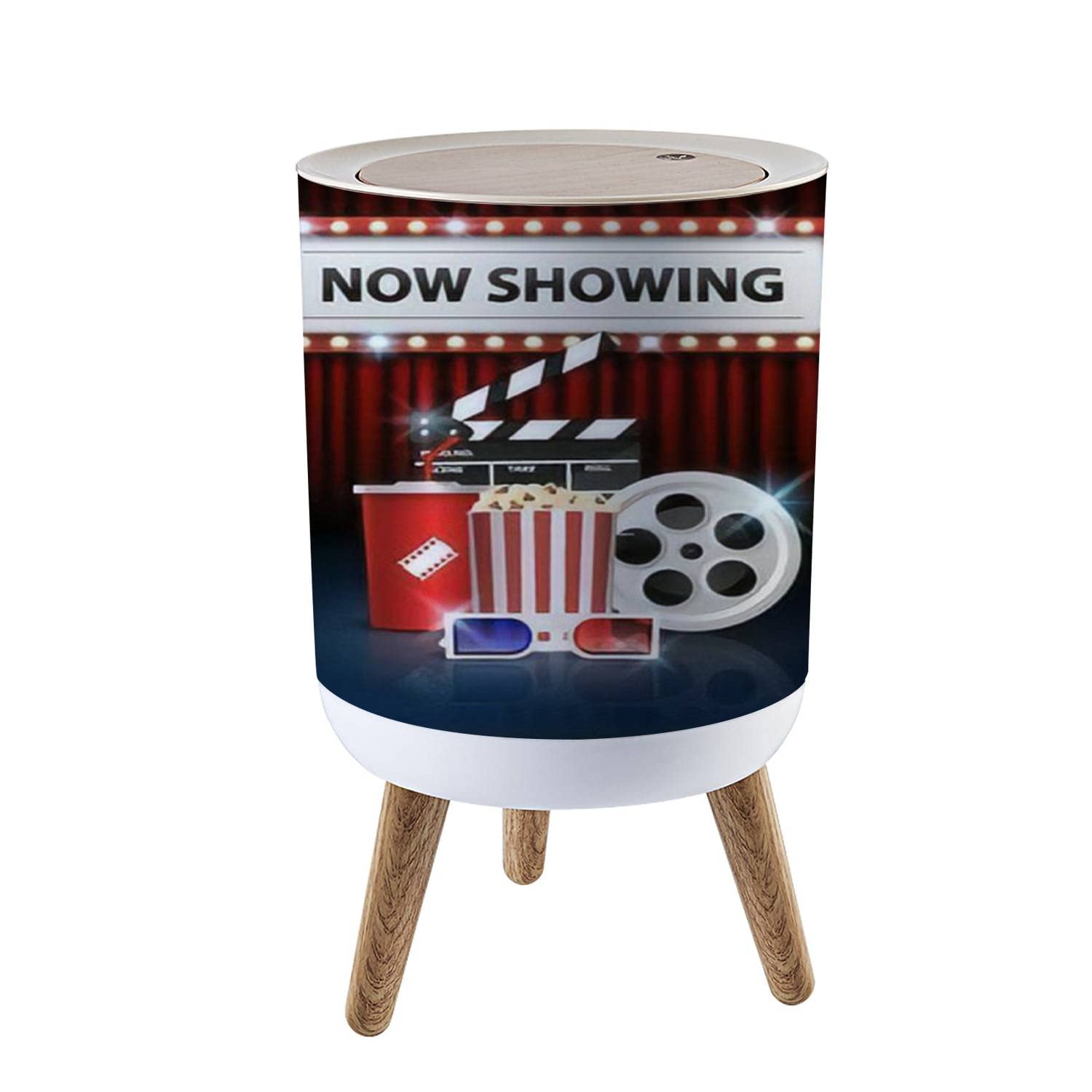 Small Trash Can with Lid - 1.8 Gallon Round Waste Bin with Press Cover, Dog Proof Garbage Bin for Kitchen, Bathroom & Living Room - Perfect for Movie Theaters, Home Cinemas and Red Curtain Decor