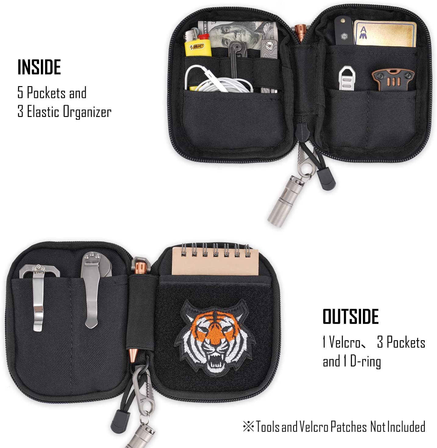 EDC Pouch Pocket Organizer - Small Nylon Tool Bag with Hook & Loop Panel, D-Ring Keychain - Compact Multitool Pouch for Everyday Carry (TK05-Black) - Perfect for Camping, Hiking & Outdoor Gear Organization