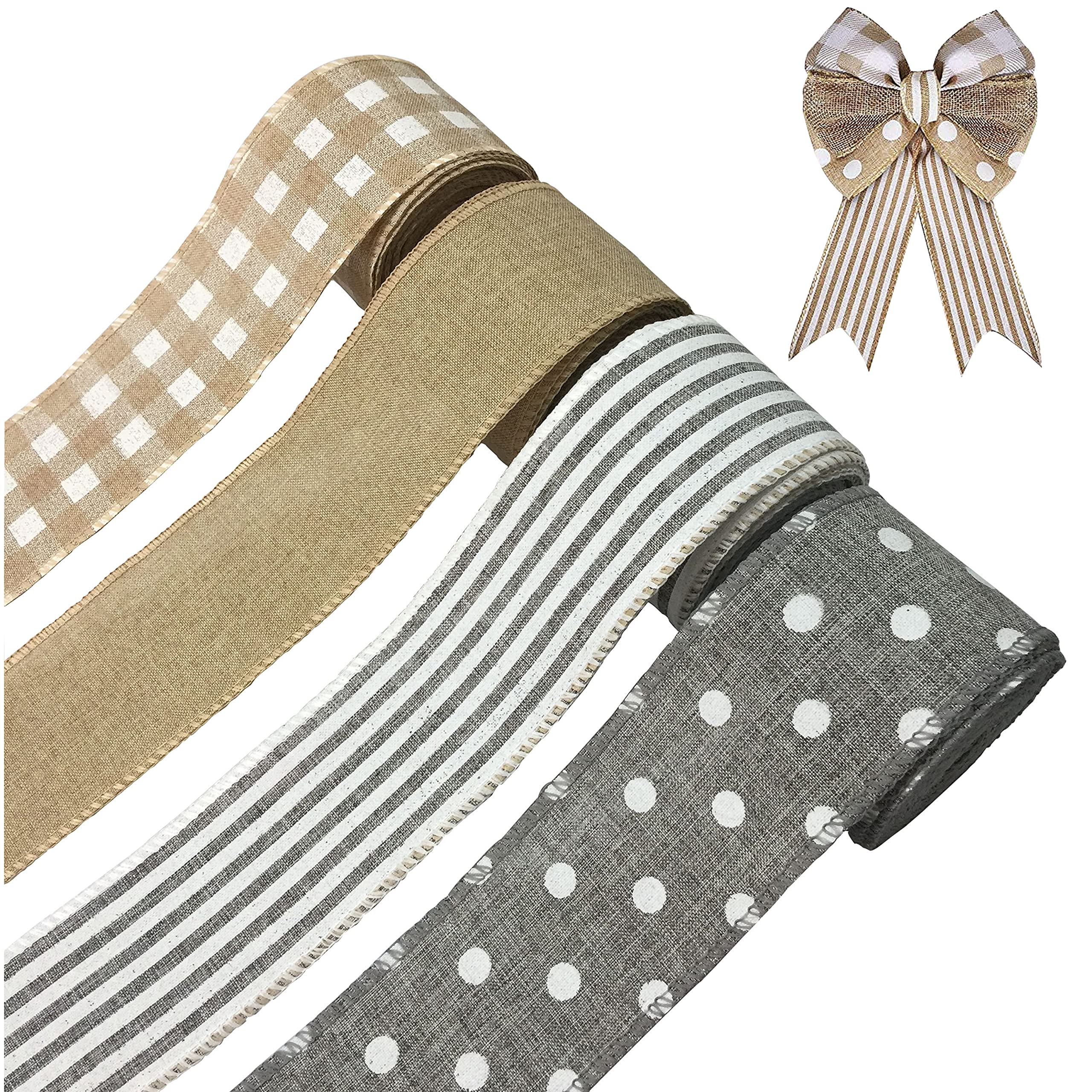 4 Rolls Burlap Fabric Ribbon with Wired Edge - White Dot Plaid Stripe Rustic Christmas Craft Ribbon (2.5Inch x 24Yards) for DIY Gift Wrapping, Wreaths, Floral Bows, Home Decor & Holiday Crafts