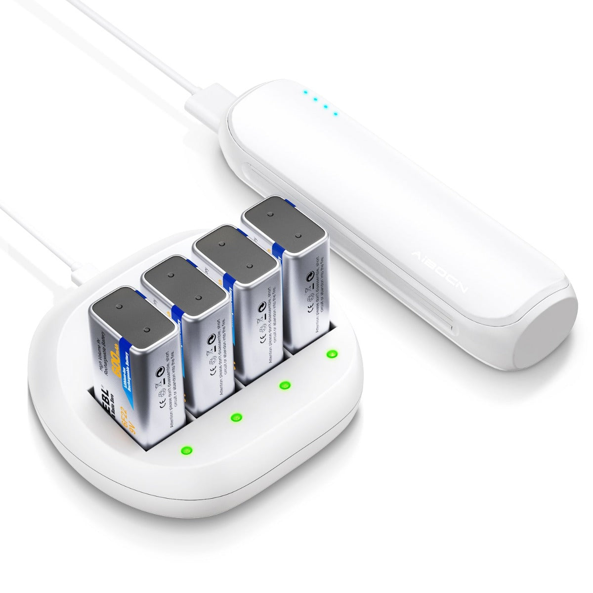 EBL 4-Pack 600mAh 9V Lithium Ion Rechargeable Batteries with 4-Bay Smart Charger - Perfect for Smoke Detectors, Guitar Pedals & Medical Devices
